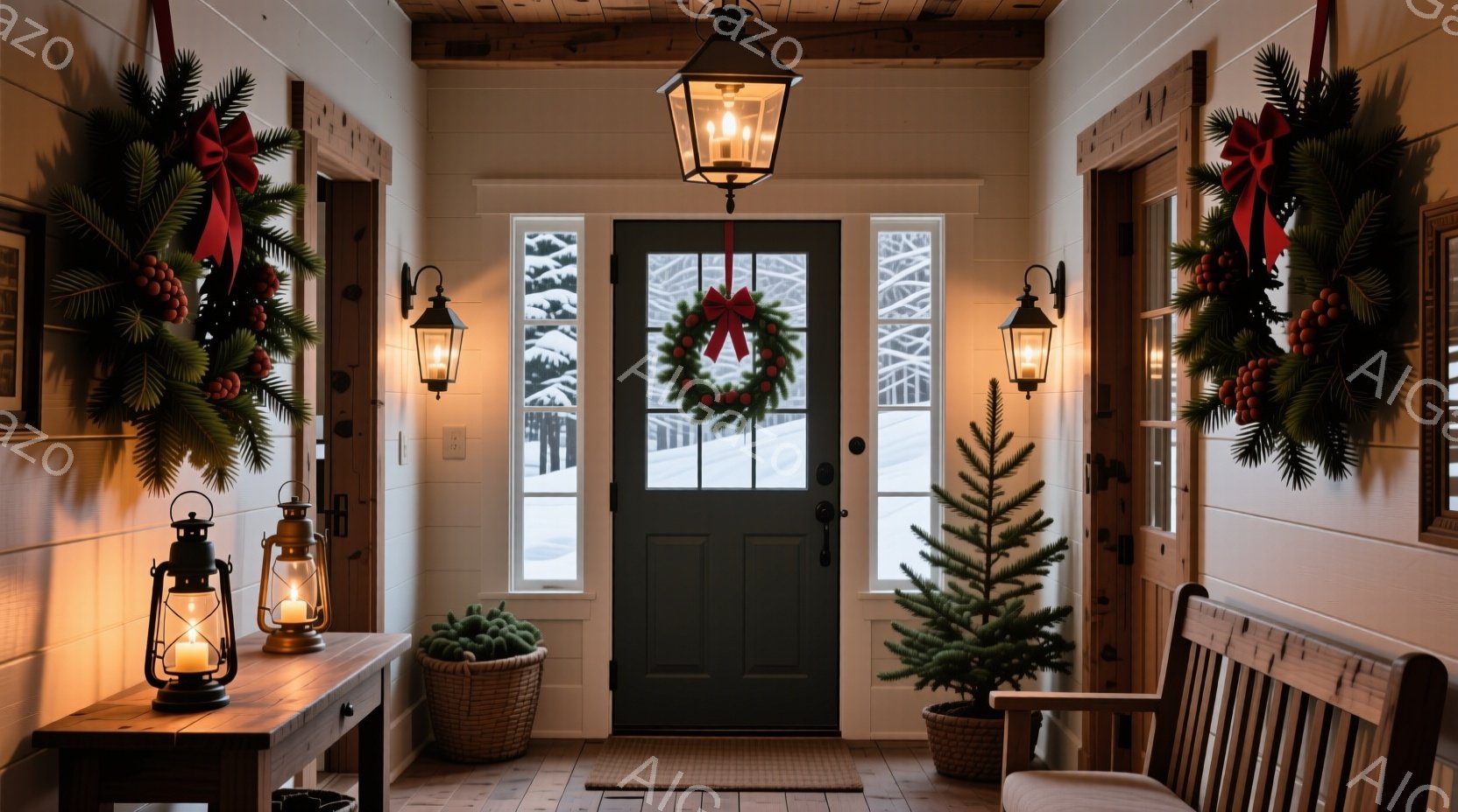 冬の玄関の様子で、木製の長椅子と小さなテーブルが置かれています。正面にはクリスマスリースが飾られた黒いドアがあり、窓からは雪景色が見えます。暖炉のような照明とランタンが温かい雰囲気を醸し出し、全体的に静かで落ち着いた冬の光景が表現されています。