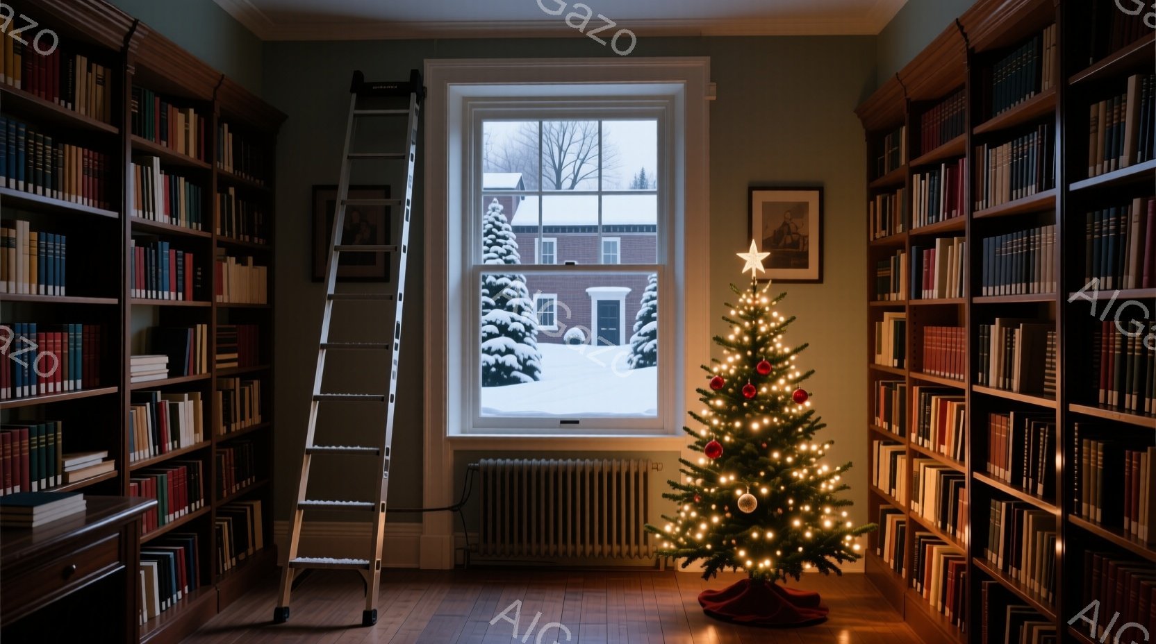 図書館のような部屋に、クリスマスツリーが置かれています。窓の外は雪景色で、白い建物が見え、冬の静寂が漂っています。本棚に並んだ本が部屋全体を暖かく、落ち着いた雰囲気にしています。 - AI生成フリー素材