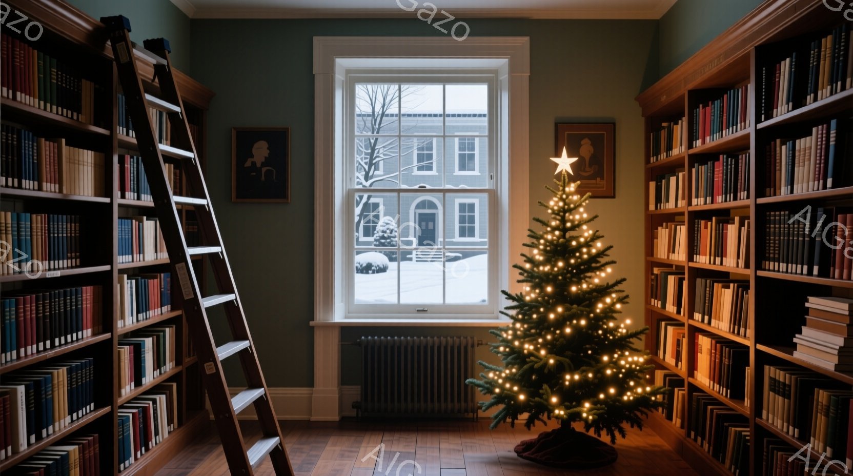 暖炉の横に飾られたクリスマスツリーが印象的な室内です。本棚が壁一面に並び、窓の外には雪景色が広がっています。全体的に落ち着いた色調で、温かく静謐な雰囲気が漂っています。 - AI生成フリー素材