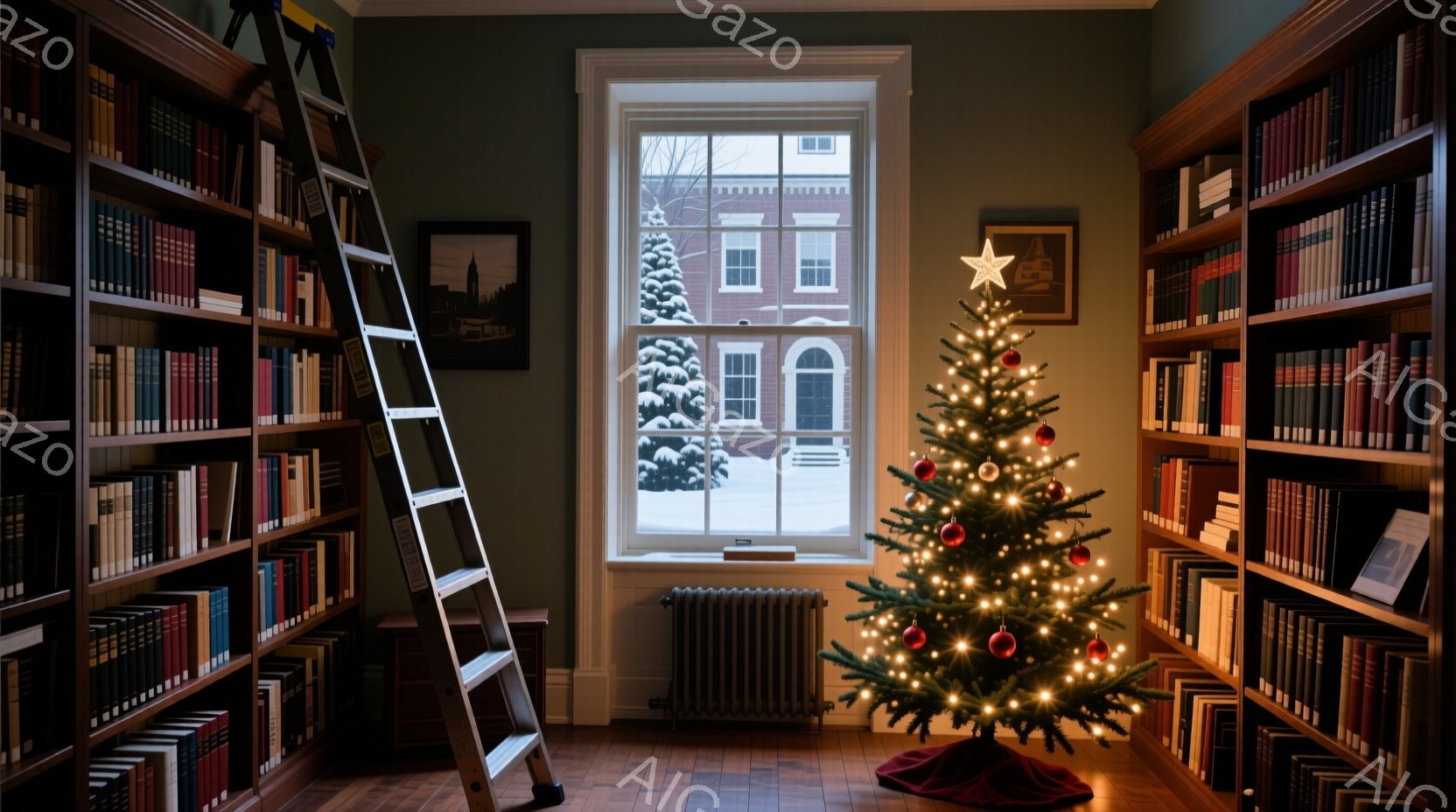 図書館のような部屋の中に、クリスマスツリーが飾られています。雪景色を背景にした窓から差し込む光が、ツリーのオーナメントや部屋の本棚を照らし出し、暖かく落ち着いた雰囲気を醸し出しています。はしごが置かれ - AI生成フリー素材
