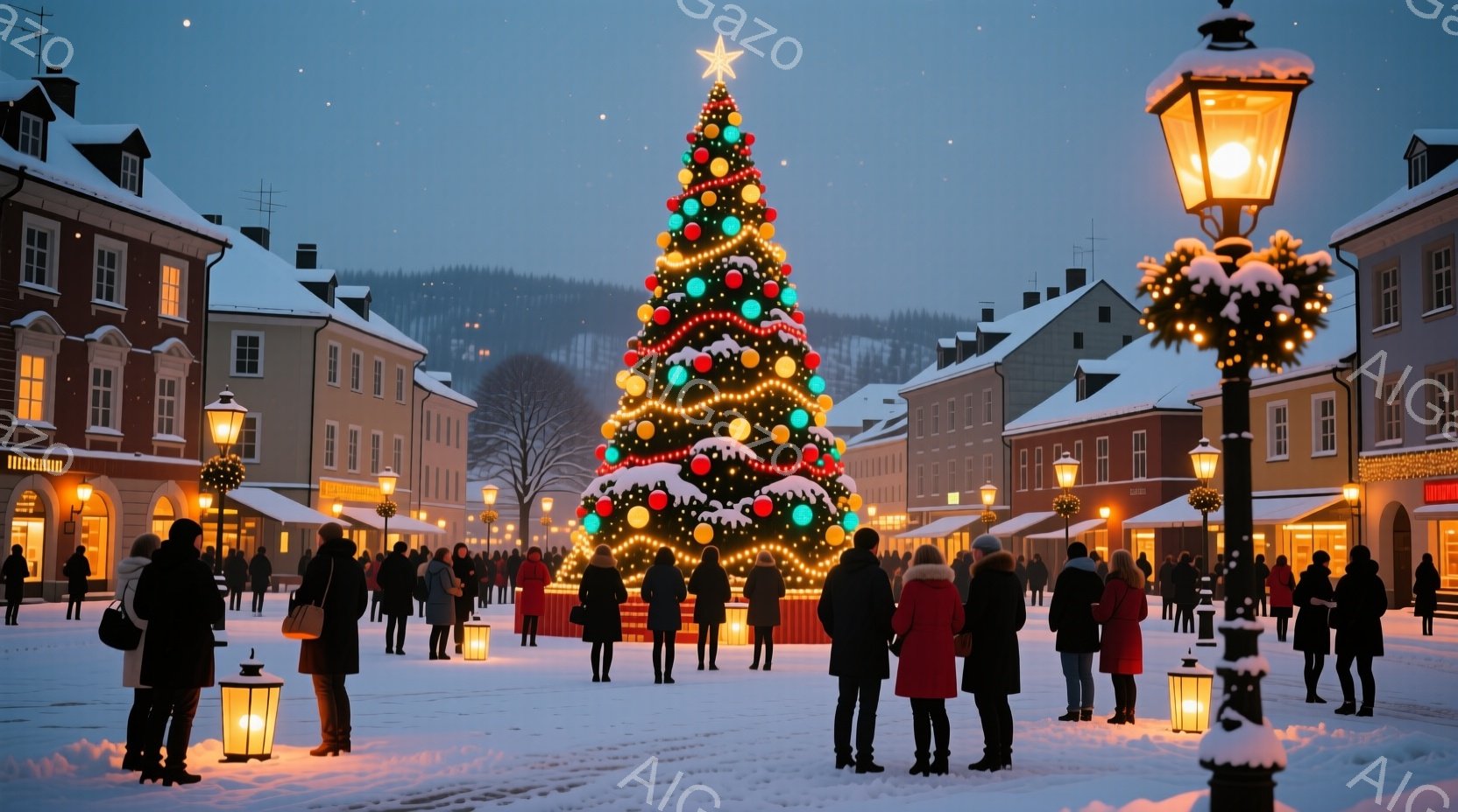雪が降り積もる広場に、高く輝くクリスマスツリーがそびえ立っている。人々は冬のコートやジャケットを身につけ、ツリーを眺めたり、会話を楽しんだりしている。背景には、雪景色の中にヨーロッパ風の建物が並び、温 - AI生成フリー素材