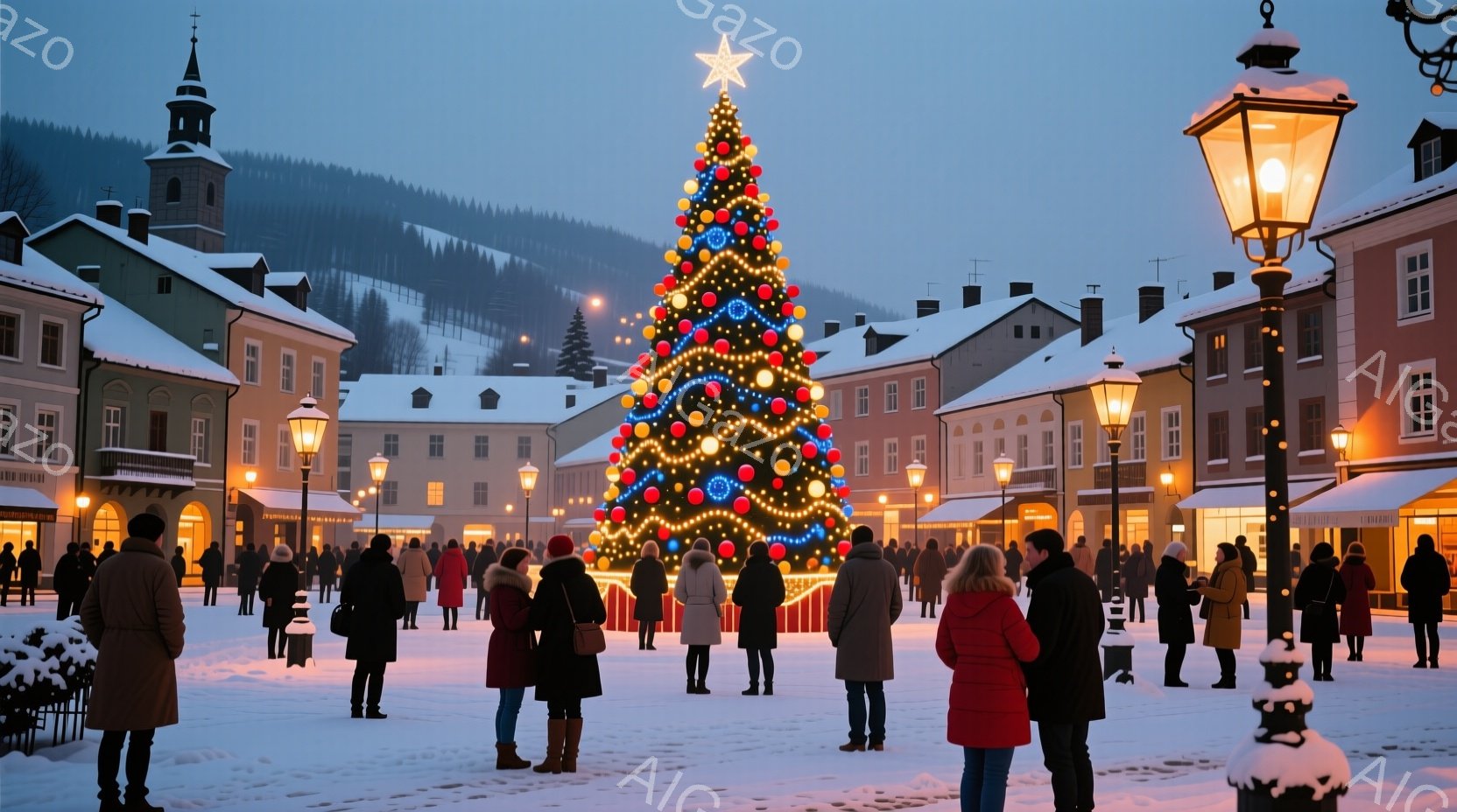 広場の中央には巨大なクリスマスツリーが飾られ、暖色のライトで照らされています。多くの人々が冬のコートやジャケットを身に着け、ツリーを眺めたり、談笑したりしています。背景には雪に覆われた建物が並び、遠く - AI生成フリー素材