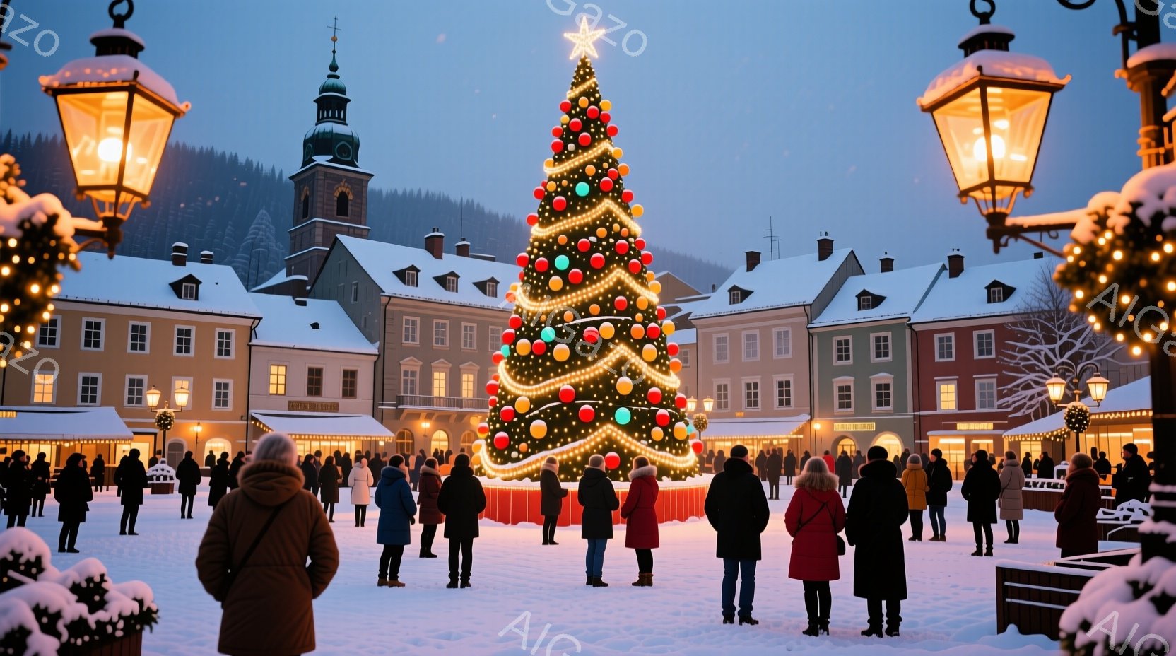 雪に覆われた広場には、クリスマスツリーが聳え立ち、多くの人々が集まっている。人々は冬のコートやジャケットを着用し、ツリーを見上げたり、会話を楽しんだりしている。背景には、雪化粧した建物が並び、温かい光 - AI生成フリー素材