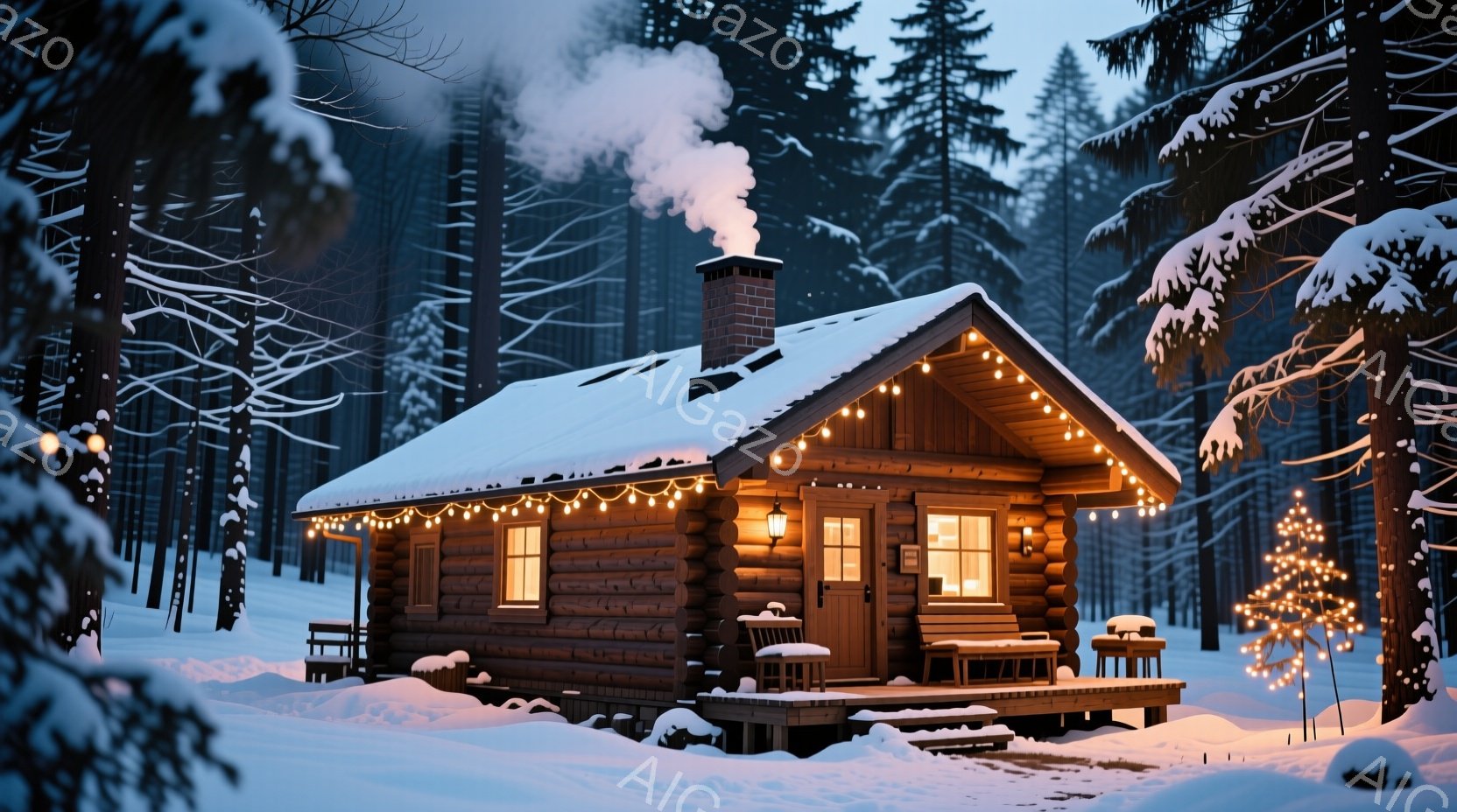 雪に覆われた丸太小屋が、暖かな光を放ちながら佇んでいます。屋根には雪が積もり、煙突からは湯気が立ち上り、冬の静寂と暖かさを対比させています。周囲は雪に覆われた針葉樹林で、クリスマスの飾り付けが小屋を優 - AI生成フリー素材