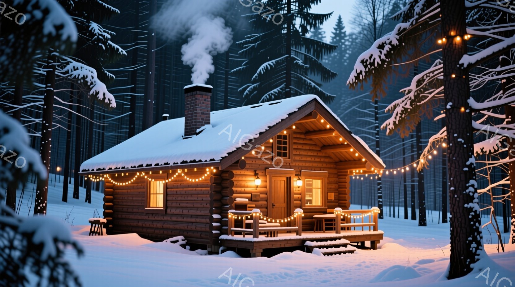 雪に覆われた丸太小屋が、薄暗い森の中に佇んでいます。暖かな光が窓から漏れ出し、雪の上に影を落とすとともに、小屋の周りには飾り付けの光が灯っています。煙突からは煙が立ち上り、冬の静寂の中に温かい雰囲気を醸し出しています。