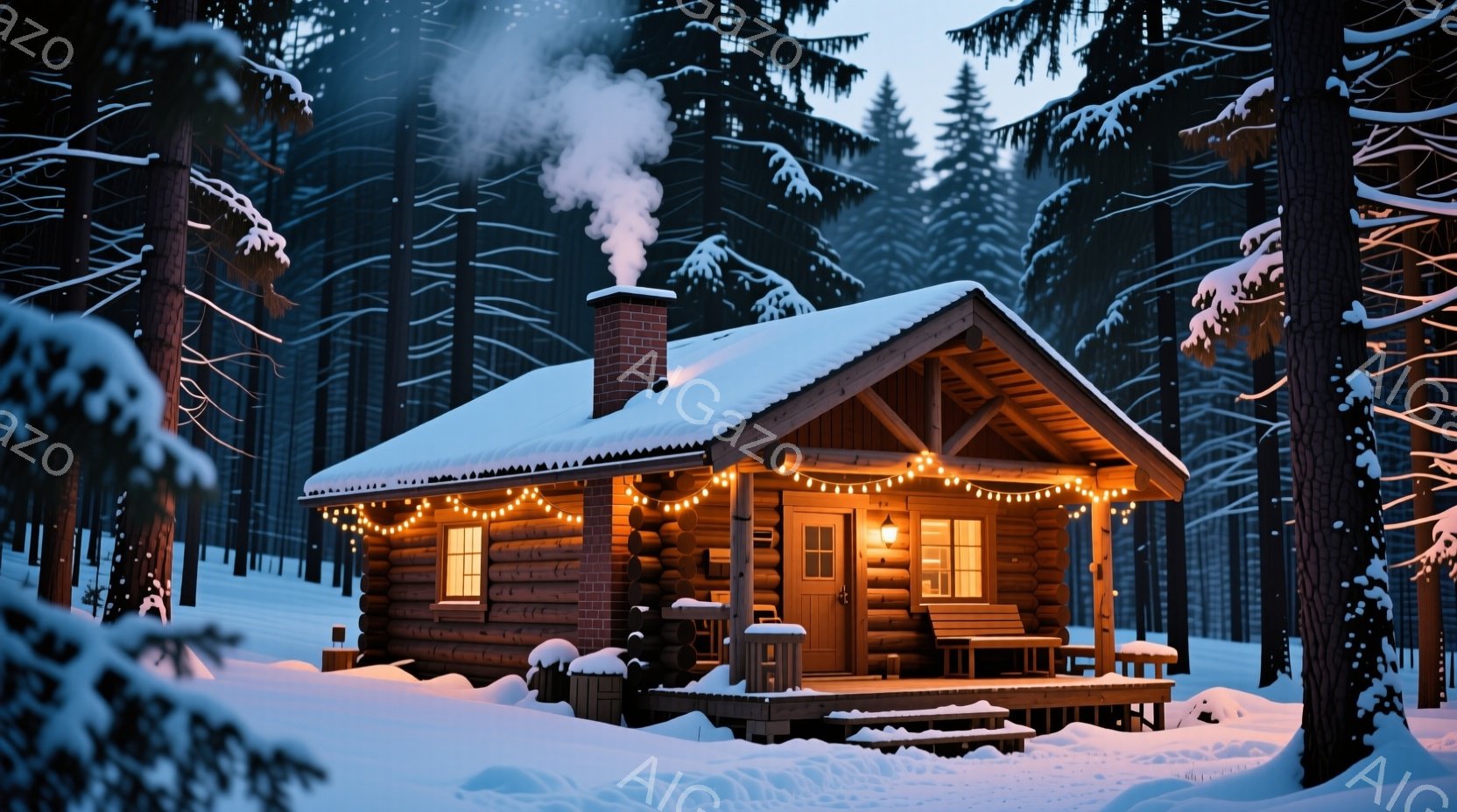雪に覆われた木造のキャビンが、深い森の中に佇んでいます。キャビンの屋根には雪が積もり、暖かな光が窓から漏れ、周囲の雪景色を照らしています。キャビンの周りの木々は雪に覆われ、背景には針葉樹林が密集し、静 - AI生成フリー素材
