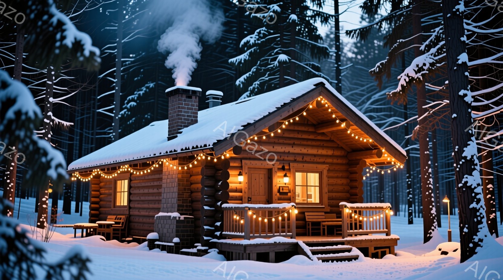 雪に覆われた丸太小屋が、温かい光で照らされている。屋根からは煙が立ち上り、クリスマスのイルミネーションが小屋を彩り、冬の暖炉の温かさを感じさせる。背景には雪に覆われた木々が立ち並び、静かで穏やかな冬の - AI生成フリー素材