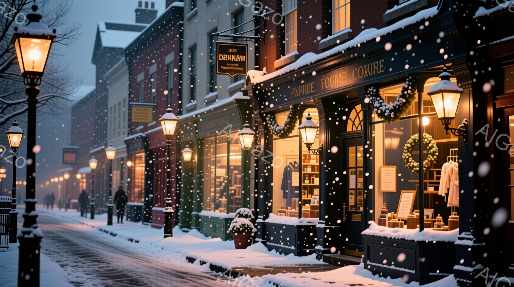 雪が降り積もる街並みが描かれています。暖色の街灯が雪に照らされ、店舗のショーウィンドウには冬の装飾が施されています。遠くには数人の歩行者がコートを着て歩いており、静かで落ち着いた冬の雰囲気が漂っていま - AI生成フリー素材