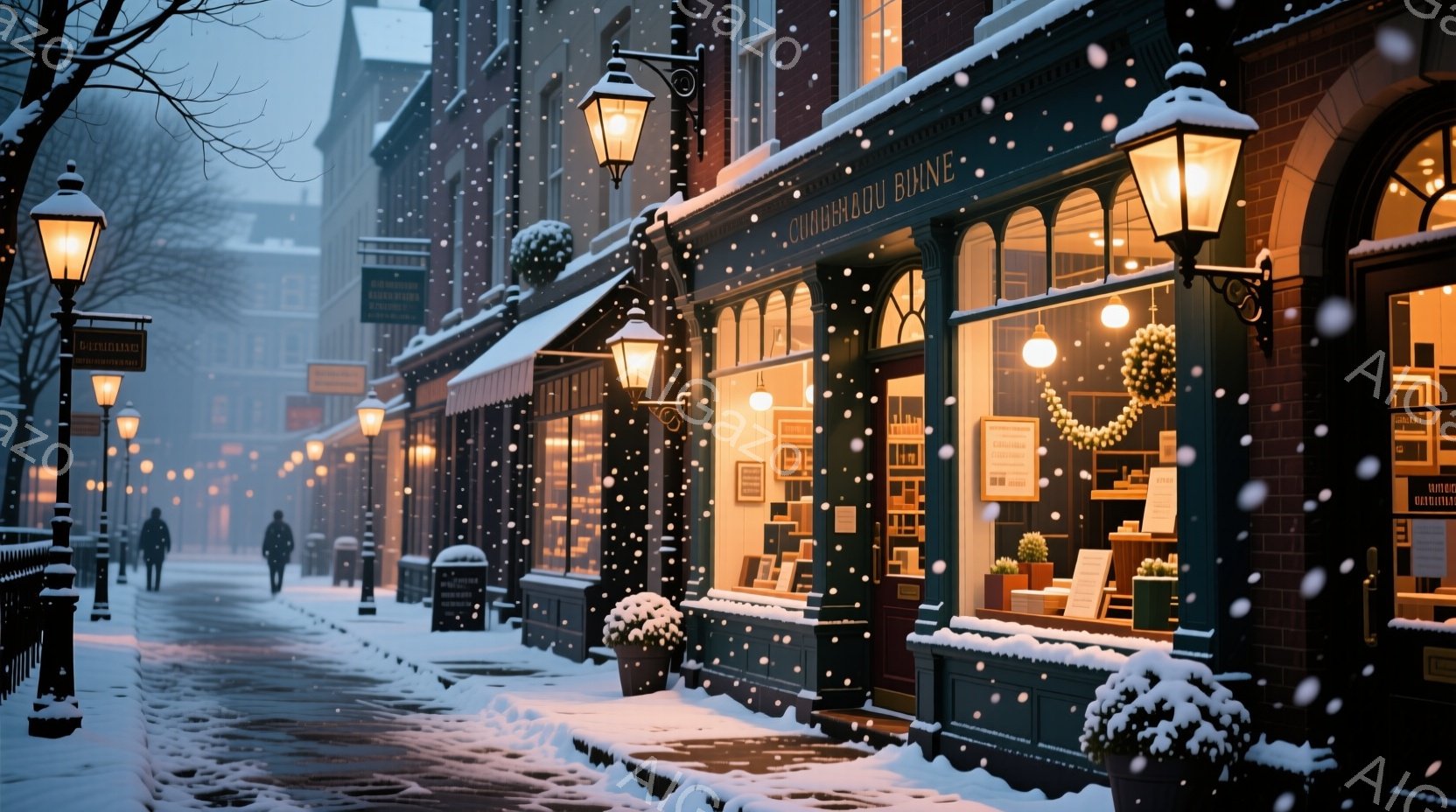 雪が降り積もる街並みには、暖かく光る店が並び、クリスマスの飾り付けが施されている。人々は厚着をして歩いており、遠くにはシルエットが見える程度で、表情ははっきりと読み取れない。建物はレンガ造りで、窓からは温かい光が漏れており、全体的に穏やかで幻想的な雰囲気を醸し出している。