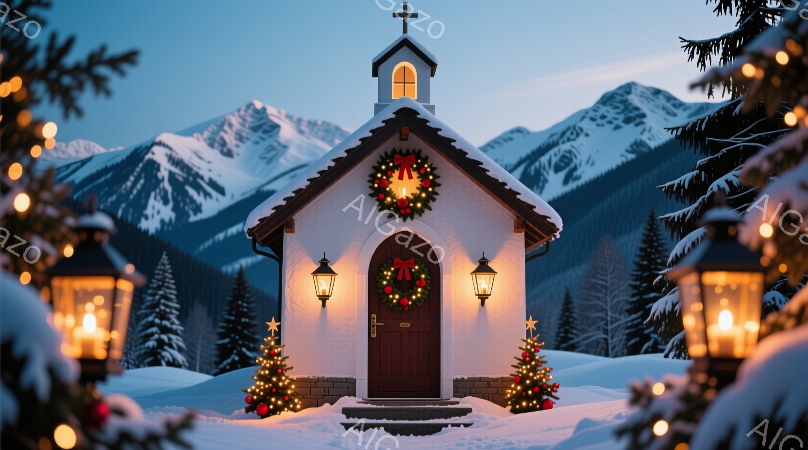 雪に覆われた風景の中に、小さな白い教会が建っています。教会の正面にはクリスマスリースが飾られ、両脇には点灯したランタン、そして小さなクリスマスツリーが置かれています。背景には雪を抱いた山々がそびえ立ち - AI生成フリー素材