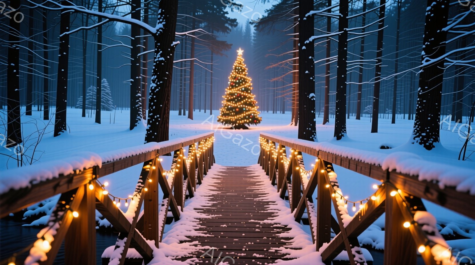雪に覆われた木々の間に、装飾されたクリスマスツリーが遠くに見える木製の橋が写っている。橋は光り輝く電球で飾られ、雪景色の中で温かい光を放ち、幻想的な雰囲気を醸し出している。背景は暗い森で、雪が降り積も - AI生成フリー素材