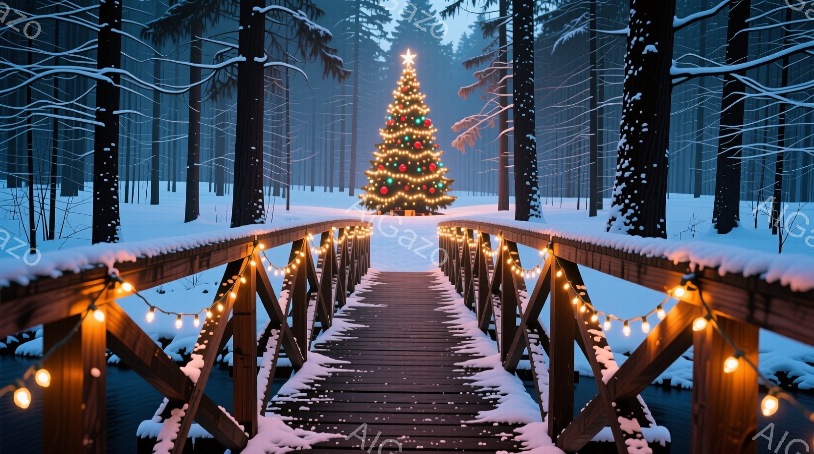 雪に覆われた森の中を走る木の橋が印象的な光景です。橋には暖色の電飾が飾り付けられ、遠くにはクリスマスツリーが輝き、冬の静寂と祝祭の雰囲気が漂っています。雪は降り積もり、背景の木々はシルエットとなり、幻 - AI生成フリー素材