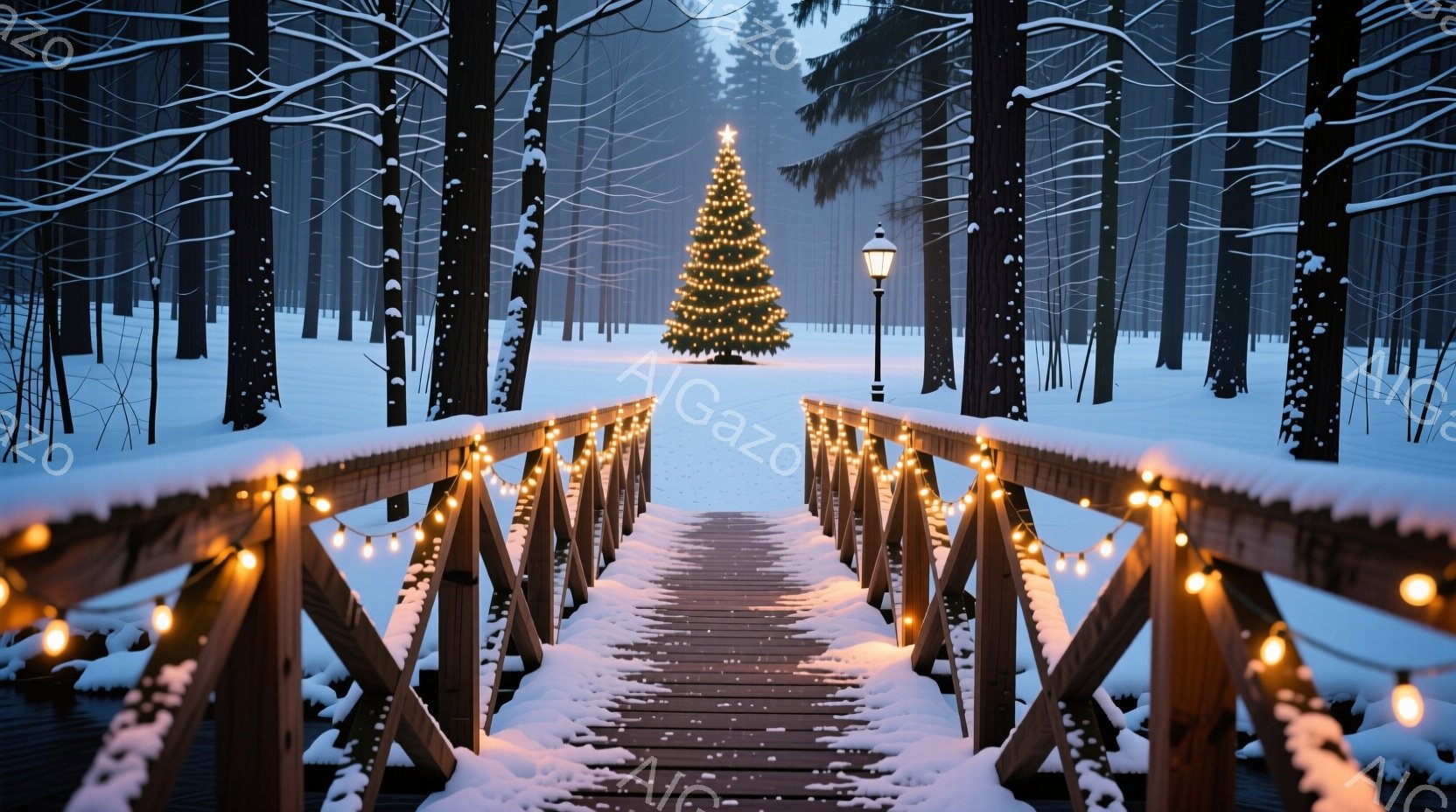 雪に覆われた森林の中を、電飾で飾られた木製の橋が奥へと続いている。遠くにはクリスマスツリーが聳え立ち、冬の静寂と祝祭の雰囲気を醸し出している。雪景色と温かい光が、幻想的で平和な雰囲気を生み出している。 - AI生成フリー素材