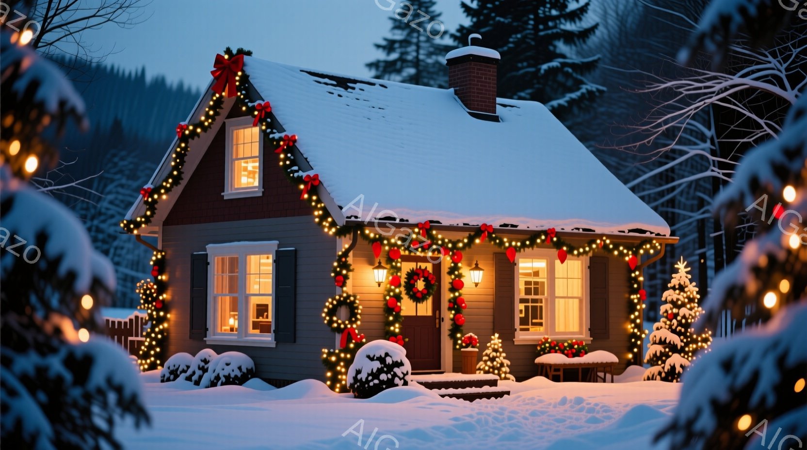 暖炉から煙が立ち上る、雪に覆われた可愛らしい一軒家が映っている。家の周りにはクリスマスツリーや飾り付けが施され、温かい光が窓から漏れている。背景には雪をまとった木々と、静かで穏やかな冬の風景が広がって - AI生成フリー素材