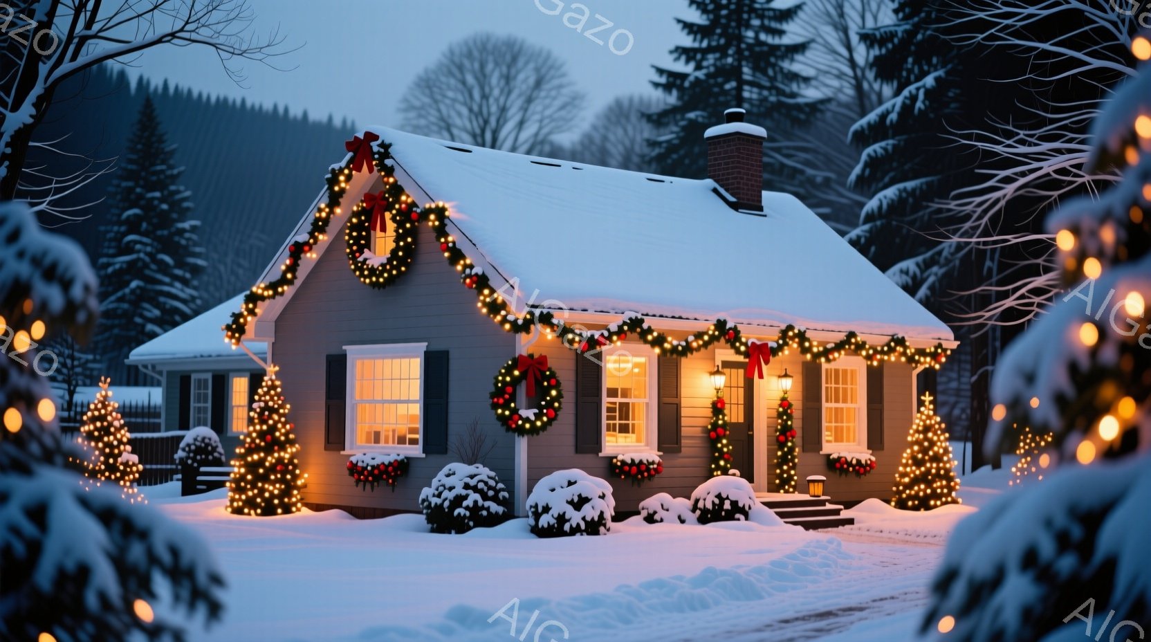 雪に覆われた可愛らしい一軒家が、クリスマス装飾で温かく輝いている。窓にはクリスマスツリーの光が映り込み、雪の上に置かれた花壇もイルミネーションで彩られている。背景には雪をまとった木々が広がり、静かで幻想的な冬の夜の雰囲気を醸し出している。