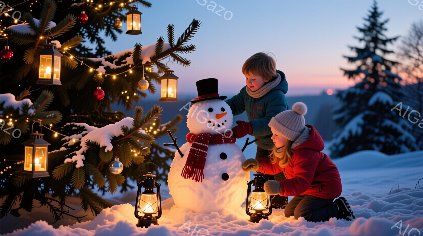 雪景色の中で、少年と少女が雪だるまの周りで提灯を灯しています。少年は赤いジャケットを着て、ニット帽をかぶり、雪だるまの頭上に帽子を乗せています。少女はピンクのジャケットとニット帽を着て、ひざまずいて提 - AI生成フリー素材