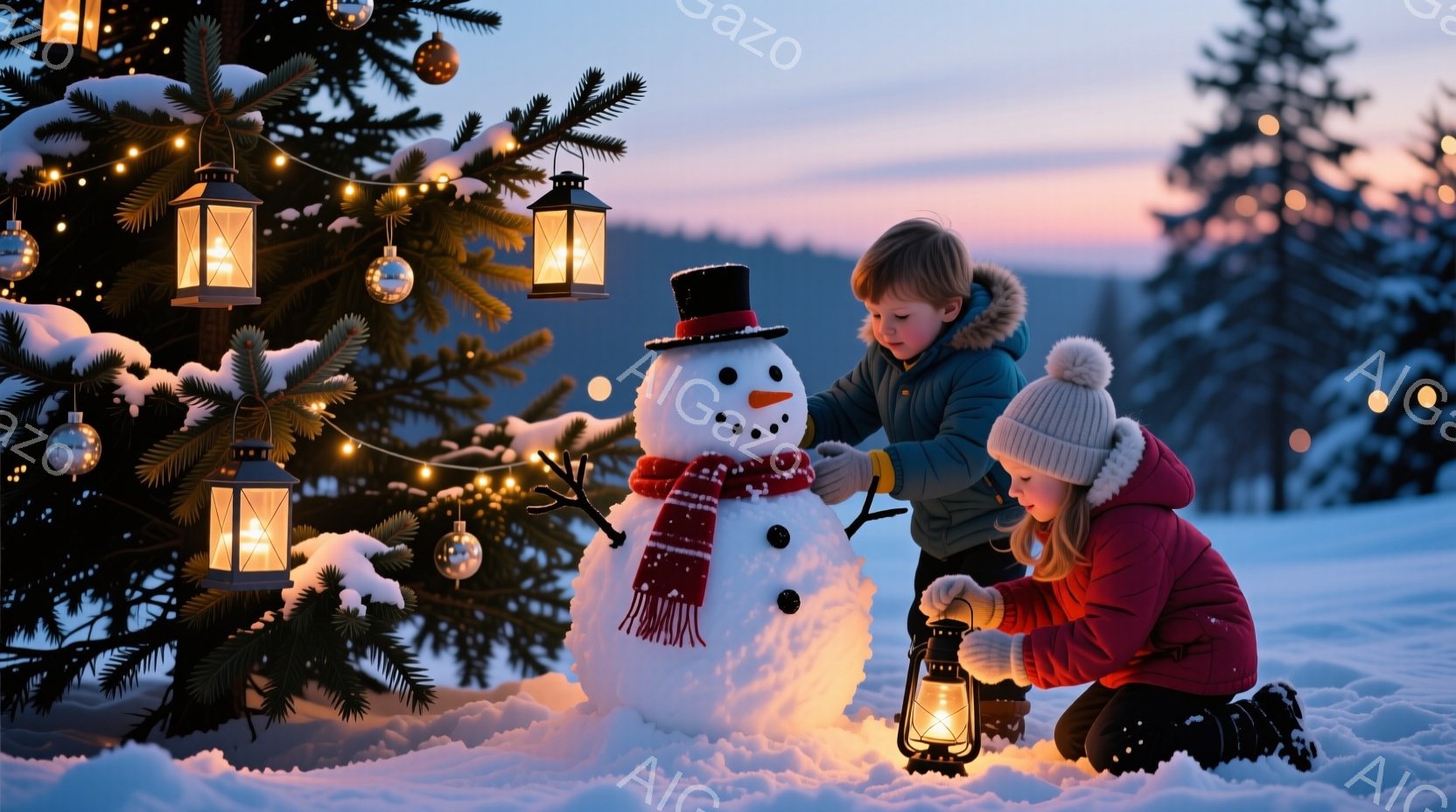 雪景色の中に、クリスマスの飾り付けがされたモミの木と雪だるまが立っています。少年は青いジャケットを着て、雪だるまの腕を整えようとしており、少女はピンクのパーカーと帽子を着用し、雪だるまの近くに置かれた - AI生成フリー素材