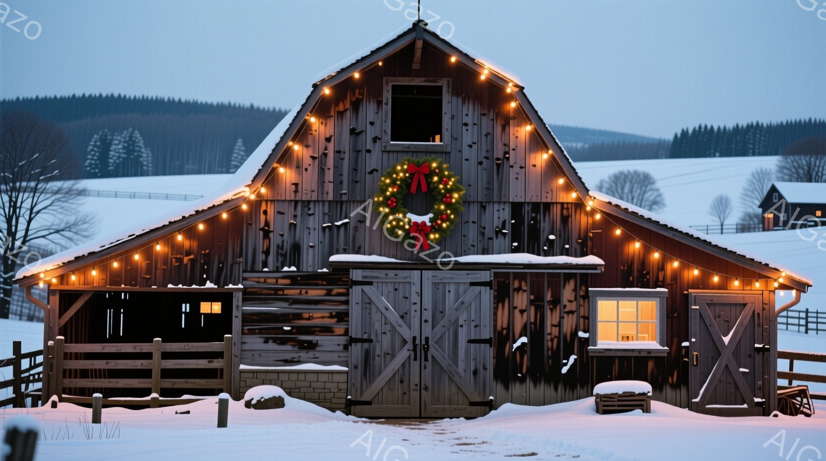 凍てつく冬の風景の中に、古びた木製の納屋が佇んでいます。納屋の壁にはクリスマスリースが飾られ、屋根や納屋の周りには暖色のイルミネーションが輝き、温かみのある雰囲気を醸し出しています。周囲は雪に覆われ、 - AI生成フリー素材