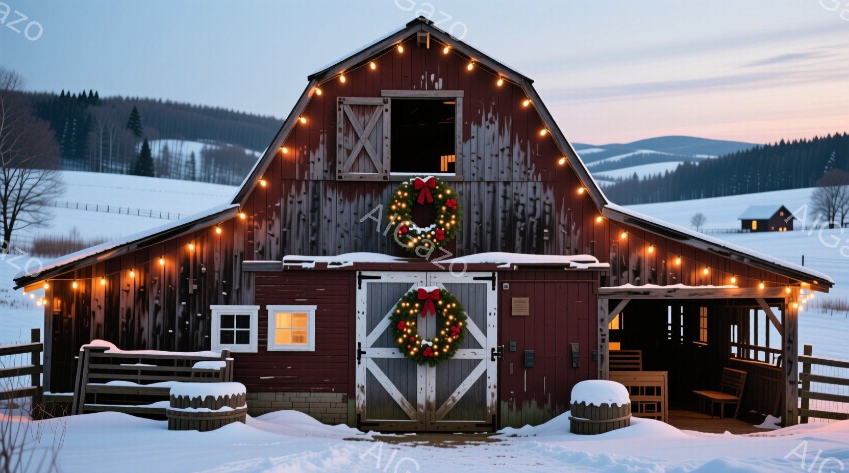 鮮やかな赤い外観の納屋が雪景色の中に佇み、クリスマスの飾り付けが施されています。納屋の正面の大きな扉にはクリスマスリースが飾られ、屋根には温かい光を放つ電飾が吊るされています。背景には遠くの山々と、雪に覆われた牧草地が広がり、静かで穏やかな冬の雰囲気を醸し出しています。