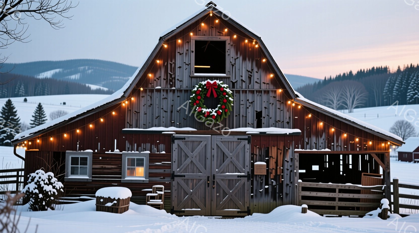 古い木造の納屋が雪景色の中に佇んでいます。納屋の屋根には電飾が飾られ、正面の扉にはクリスマスリースがかけられています。背景には雪に覆われた丘と木々が広がり、冬の穏やかな雰囲気を醸し出しています。