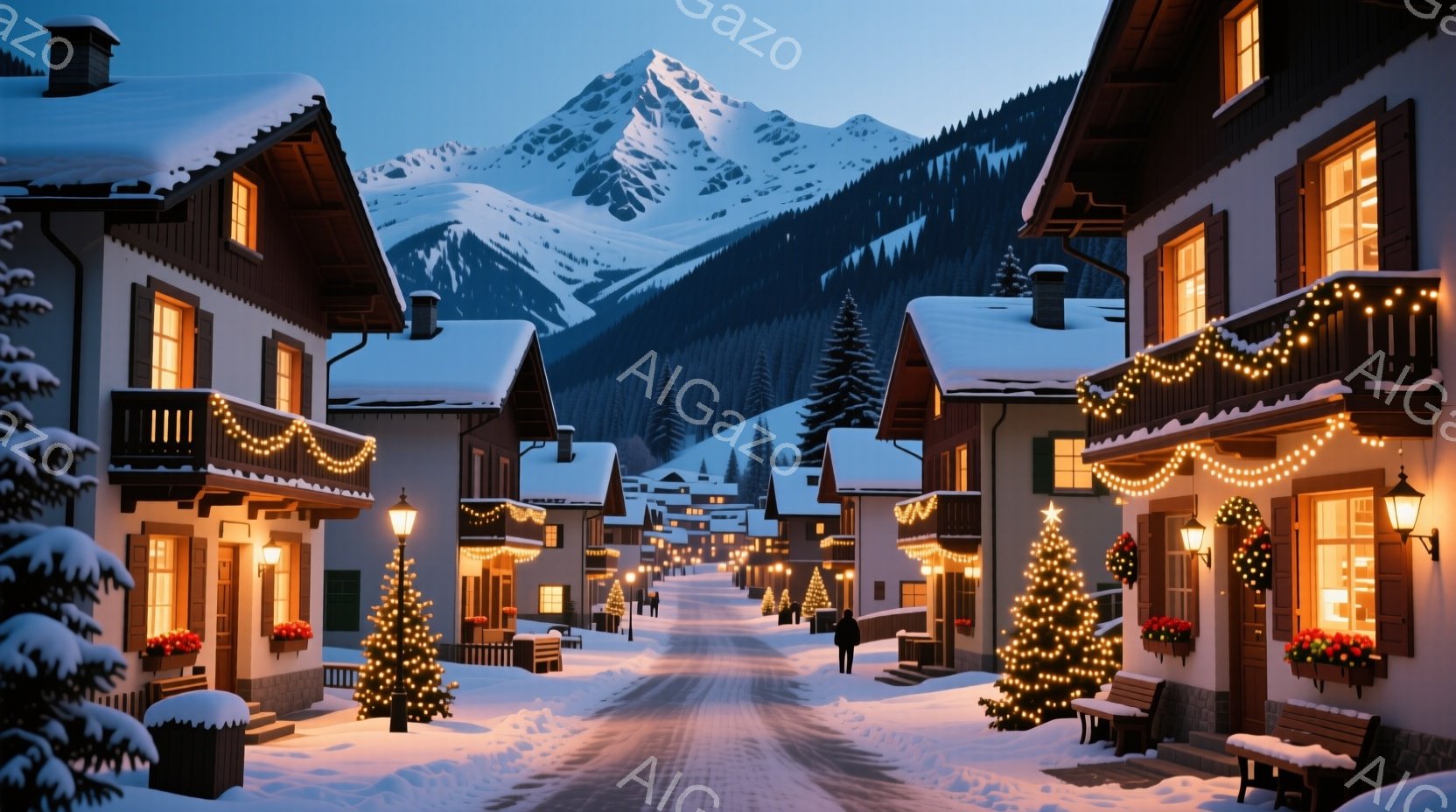 雪に覆われた静かな街並みが、夕暮れ時の山々と共に広がっている。建物は伝統的な様式で、窓からは温かい光が漏れ、クリスマスツリーや装飾が冬の雰囲気を盛り上げている。遠くに見える人物はコートを着ており、静か - AI生成フリー素材