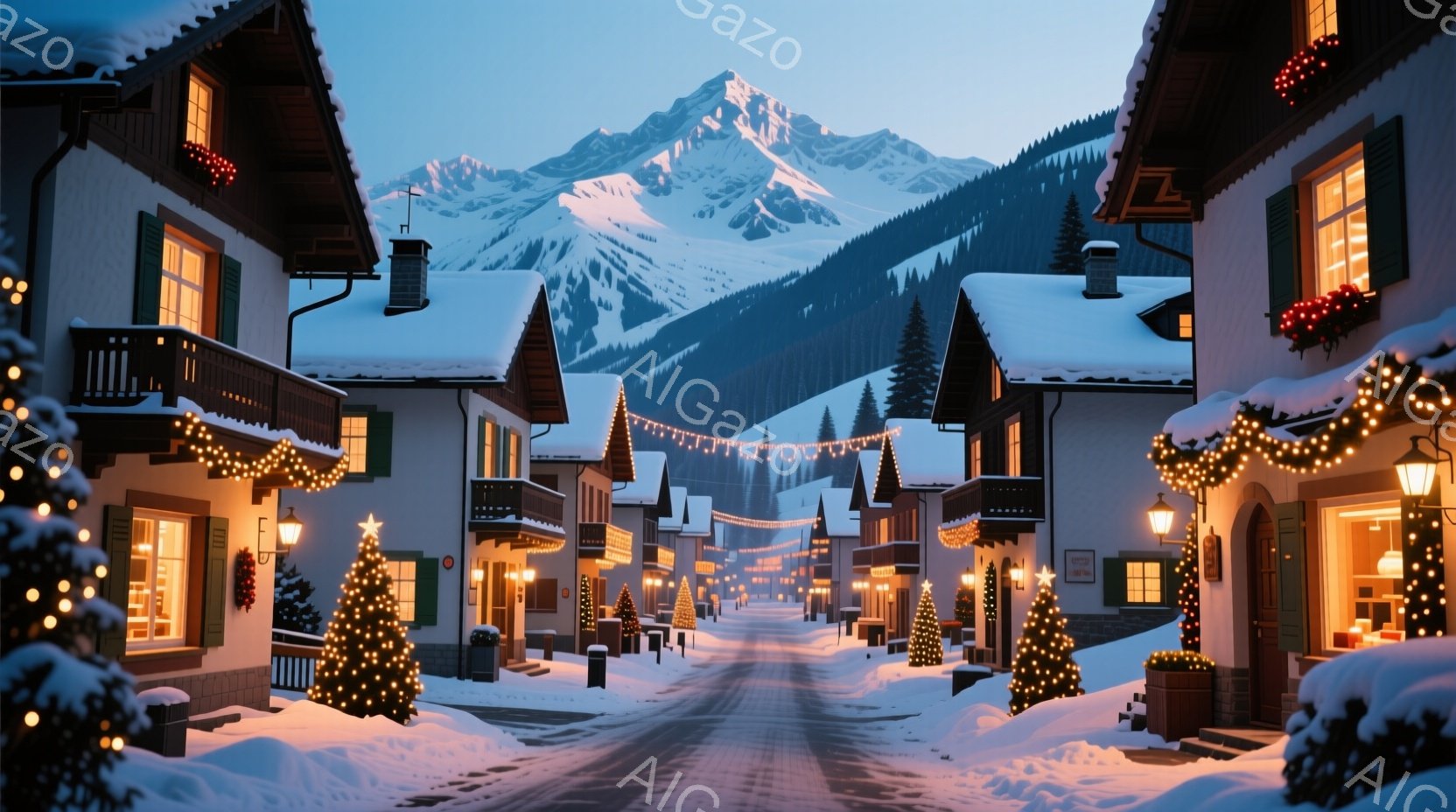 雪に覆われた静かな街並みが描かれています。両脇にはクリスマスの飾り付けがされた家々が並び、遠くには雪山がそびえ立っています。街路樹や家の壁に飾られたイルミネーションが、冬の寒さの中、温かく輝き、穏やか - AI生成フリー素材