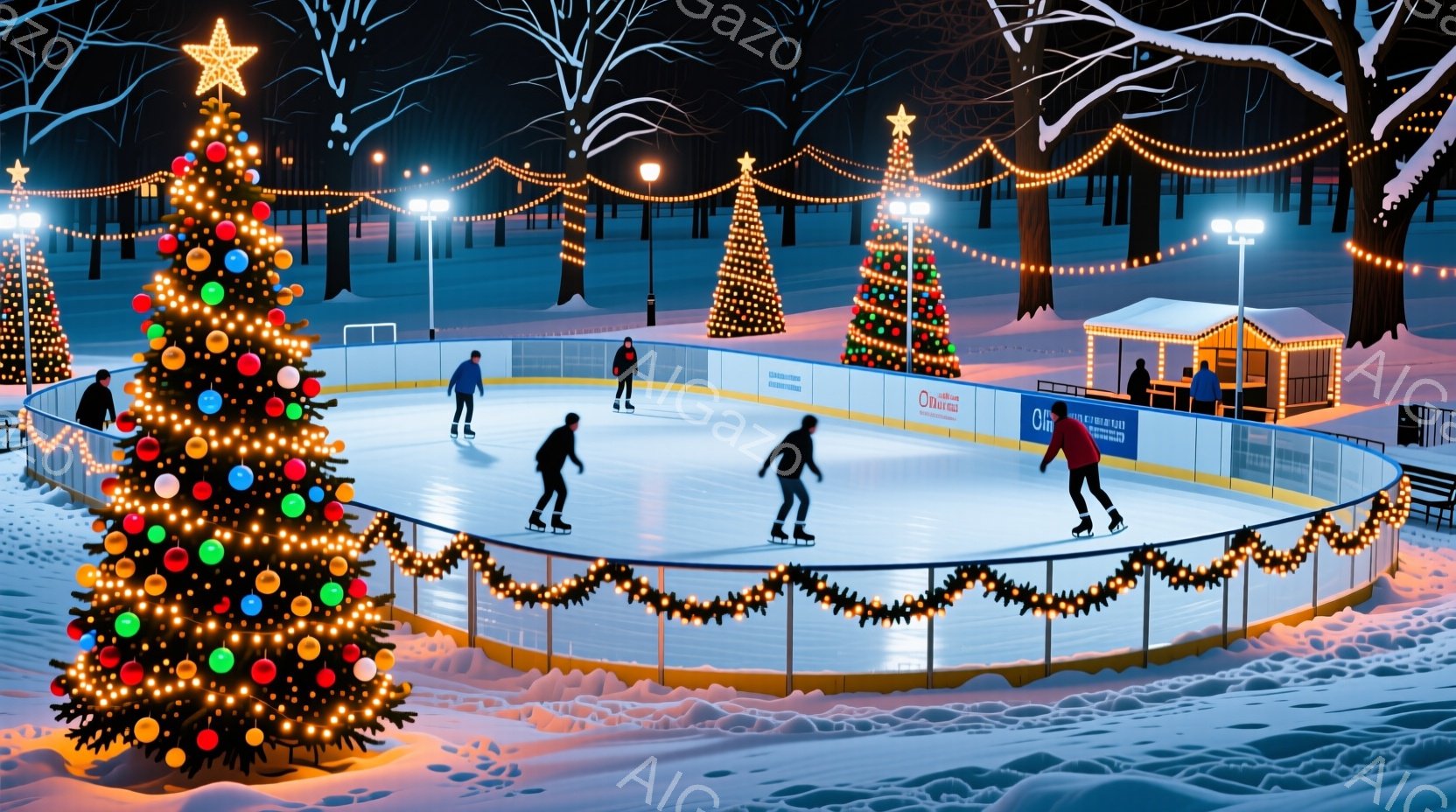 夜間のアイススケートリンクが写っており、数人の人々が楽しそうにスケートをしている。背景には、イルミネーションで飾られた木々や、暖かい光を放つ小さな建物が見え、冬の夜の温かく幻想的な雰囲気を醸し出してい - AI生成フリー素材