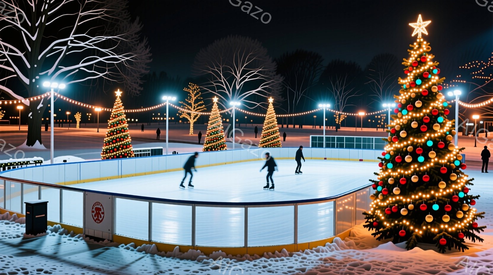 屋外スケートリンクで楽しそうにスケートをする数人の人々が写っています。彼らは黒い冬の服を着ており、リンクの周囲にはキラキラと輝くクリスマスツリーが立ち並び、雪景色が広がっています。冷たい夜空の下、暖かい光が灯り、冬の温かい雰囲気を醸し出しています。