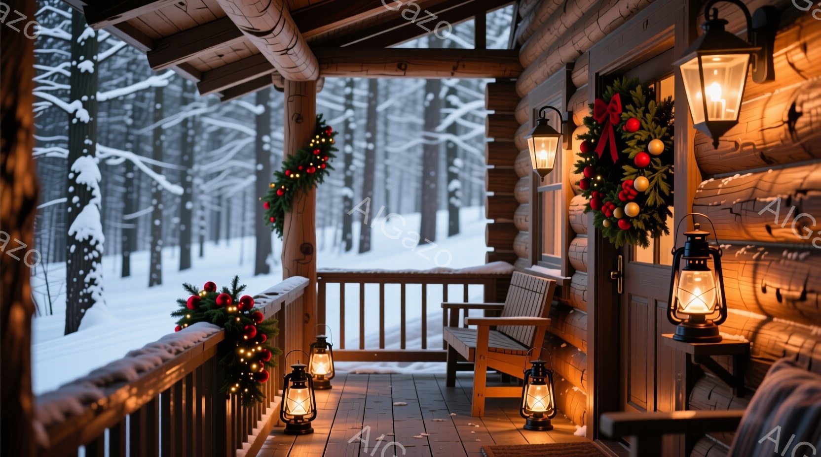 雪に覆われた木々が生い茂る背景に、木造の家のバルコニーが写っている。バルコニーには、クリスマスリースや灯りが飾られ、暖かく居心地の良い雰囲気を醸し出している。雪景色と灯りのコントラストが、静かで穏やか - AI生成フリー素材