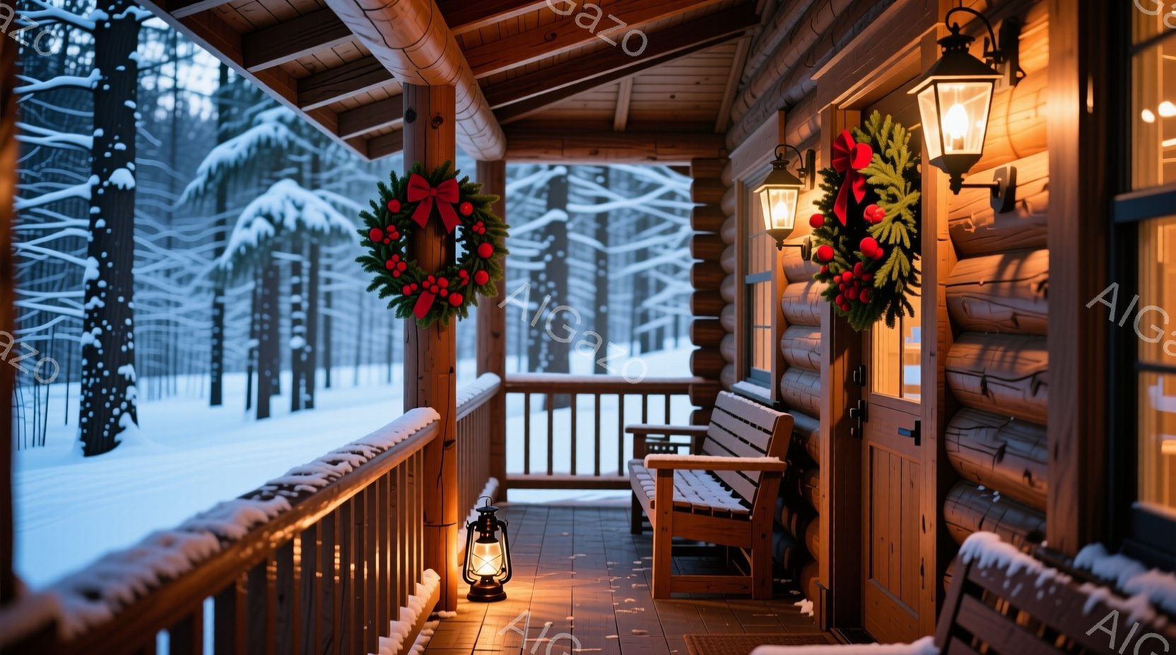 ログハウスのベランダは雪景色に囲まれ、クリスマスのリースと灯りが暖かな雰囲気を醸し出しています。木製のベンチと壁に取り付けられたランタンは、冬の寒さの中で静かに光を放ち、温もりを与えています。背景には - AI生成フリー素材
