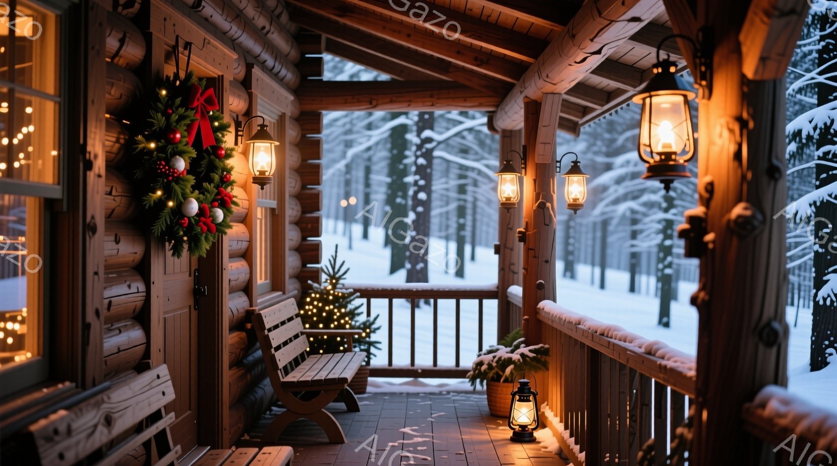 暖炉の灯りが温かく照らす、木のテラスです。クリスマスの飾り付けが施された壁と、雪に覆われた森林が背景に広がっており、静寂で穏やかな冬の雰囲気が漂っています。テラスにはベンチとランタンが置かれ、安らぎに - AI生成フリー素材