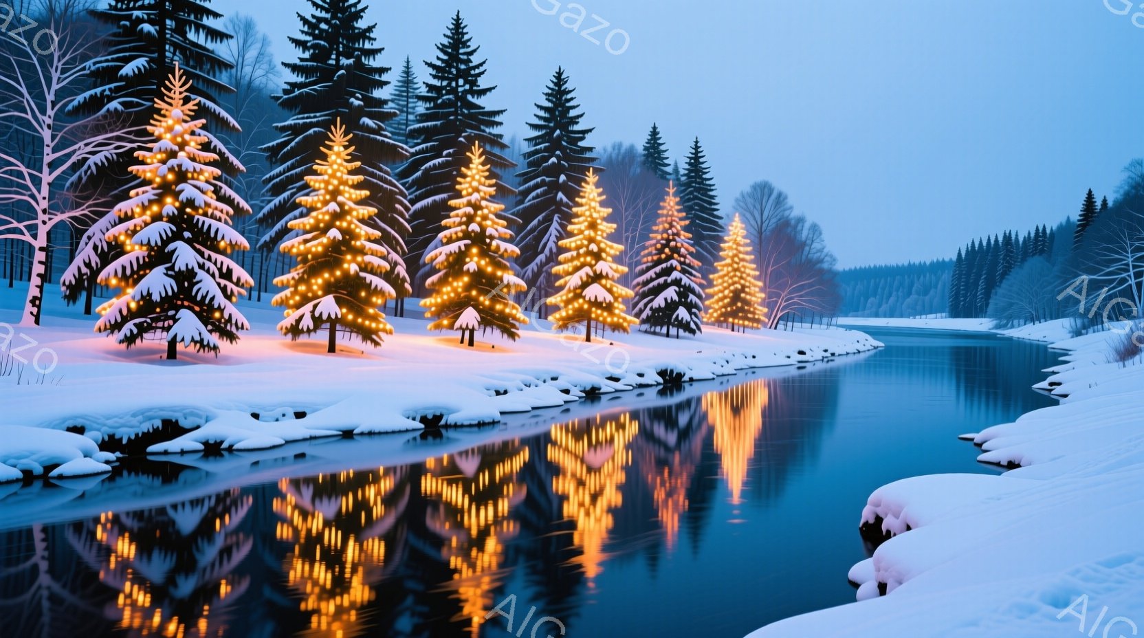 吹雪の中、雪に覆われた川岸に、電飾で飾られたクリスマスツリーが並んでいる。ツリーの暖かく輝く光は、川面に美しく反射し、幻想的な冬の風景を作り出している。周囲は雪に覆われた木々や丘に囲まれ、静寂で穏やか - AI生成フリー素材