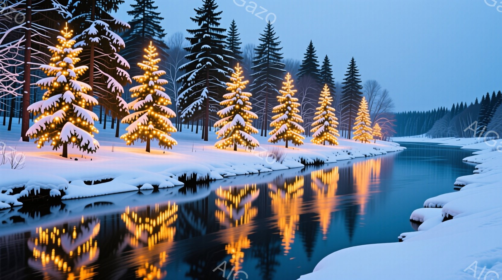 雪深い冬の風景が描かれており、川沿いに等間隔に配置されたクリスマスツリーが暖かく光り輝いている。雪に覆われた木々や川岸の白さ、そして光るツリーのオレンジ色が対照的で、静かで幻想的な雰囲気を醸し出してい - AI生成フリー素材
