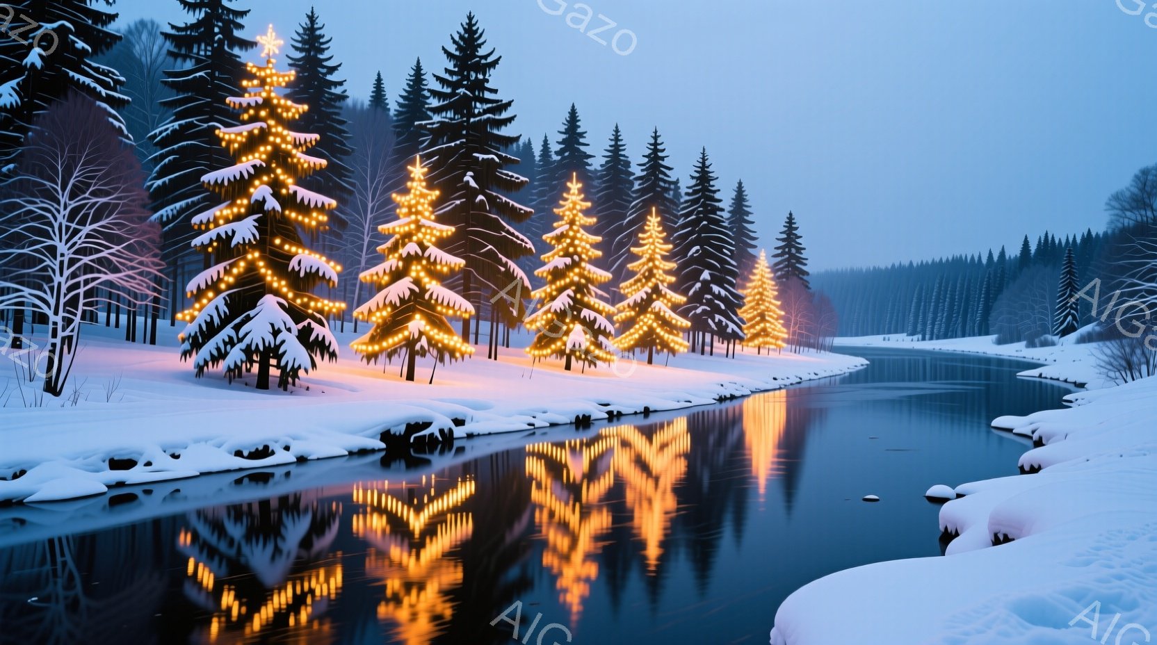 雪に覆われた冬の風景が広がっており、川沿いに装飾されたクリスマスツリーが並んでいる。ツリーの温かい光が雪と川面に反射し、幻想的な雰囲気を醸し出している。背景には暗い緑色の針葉樹林が広がり、静寂で穏やかな冬の夜を表している。