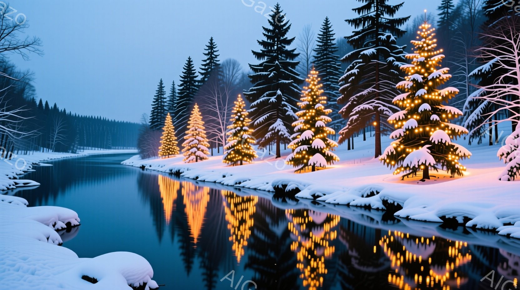 雪に覆われた川沿いに、クリスマスツリーのように飾り付けられた針葉樹が並び、水面に美しい光の反射が映り込んでいる。周囲は暗い針葉樹林に囲まれ、冬の静寂と幻想的な雰囲気が漂っている。水面は穏やかで、周囲の - AI生成フリー素材