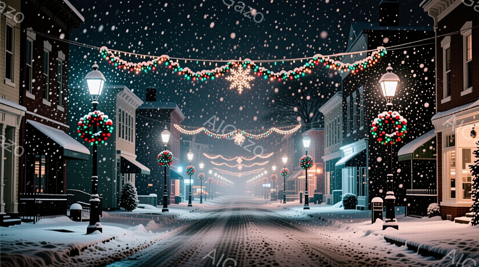 雪が降り積もる、静かな街並みが描かれています。両脇に並ぶ建物は、クリスマス装飾が施され、街路樹には華やかなオーナメントが飾られています。道路は雪で覆われ、遠くには光が灯る建物が見え、全体的に温かく幻想 - AI生成フリー素材
