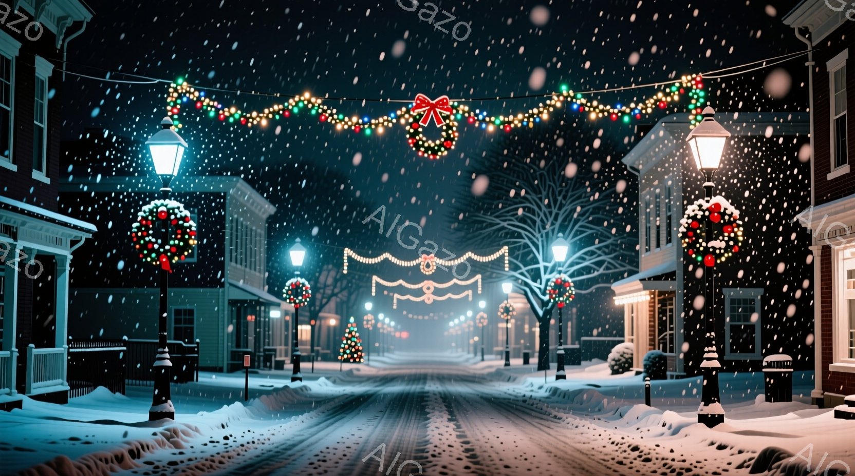 雪が降る静かな街並みが描かれている。道路の両側には古い建物が並び、それぞれにクリスマスの飾り付けが施されている。街路灯や建物に彩られたイルミネーションが温かい光を放ち、雪景色に幻想的な雰囲気を添えてい - AI生成フリー素材