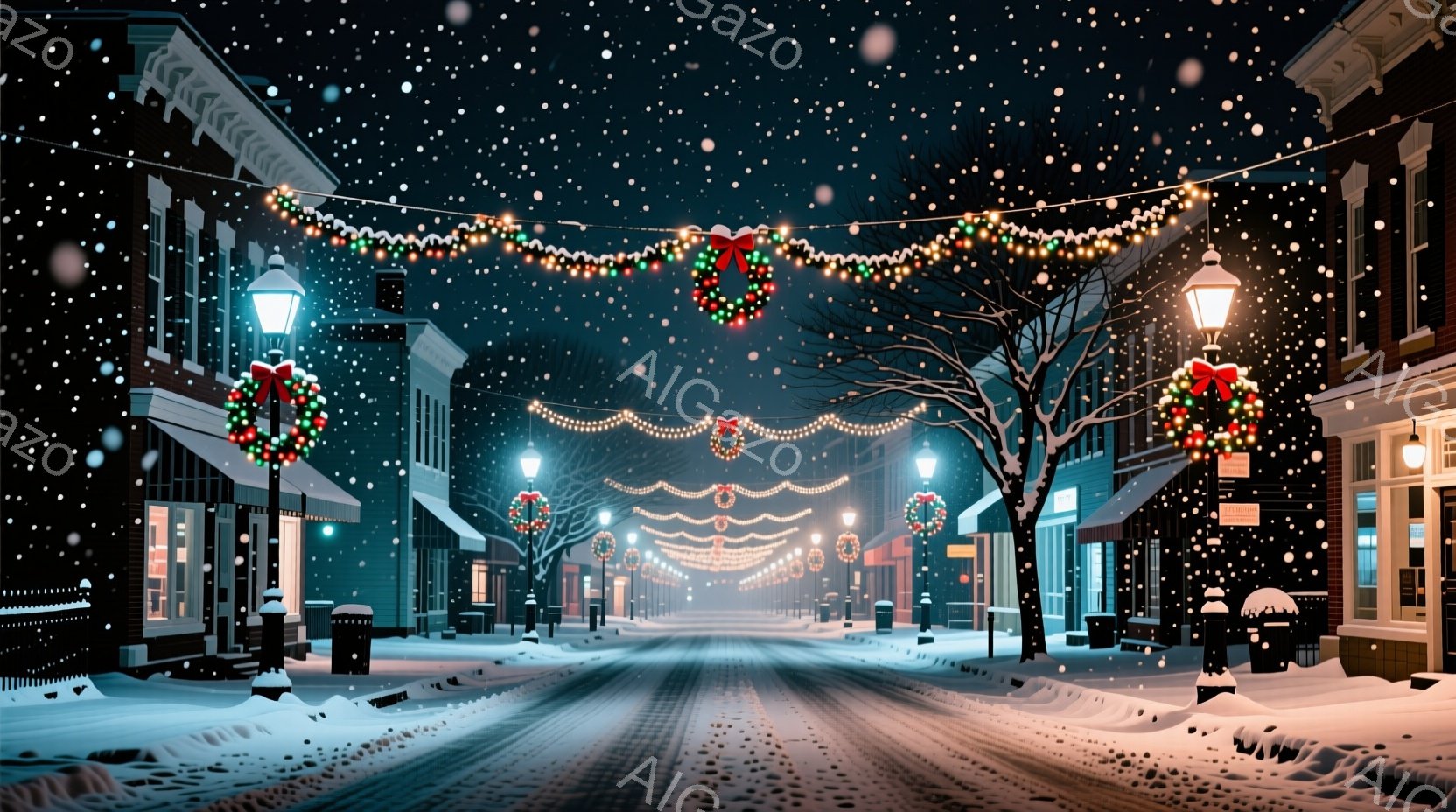 雪が降り積もる、クリスマスの飾り付けがされた静かな街並みが描かれている。街路樹にはイルミネーションとクリスマスリースが飾られ、建物からは温かい光が漏れている。全体的に穏やかで、幻想的な冬の雰囲気が漂っている。