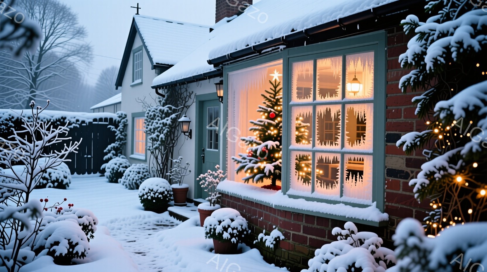 雪に覆われたレンガ造りの家に、クリスマスの飾り付けが施された窓が温かい光を放っている。庭には雪を被った低木や鉢植えが点在し、凍てつく冬の風景を演出している。全体的に暖かく、穏やかなクリスマスの雰囲気が漂う、静寂に包まれた景色である。