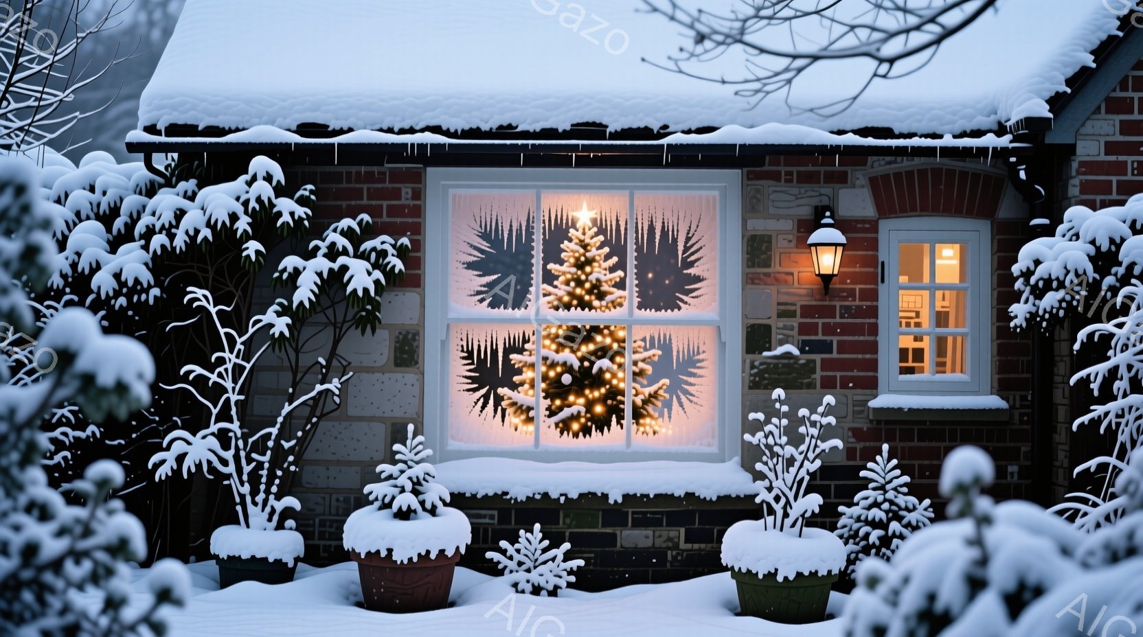 雪が降り積もる中、レンガ造りの家の窓から温かい光が漏れています。窓の中にはクリスマスツリーが飾られ、その輝きが雪景色の中で際立っています。外には雪を被った植物が植えられた鉢が並び、静かで穏やかな冬の雰囲気を醸し出しています。