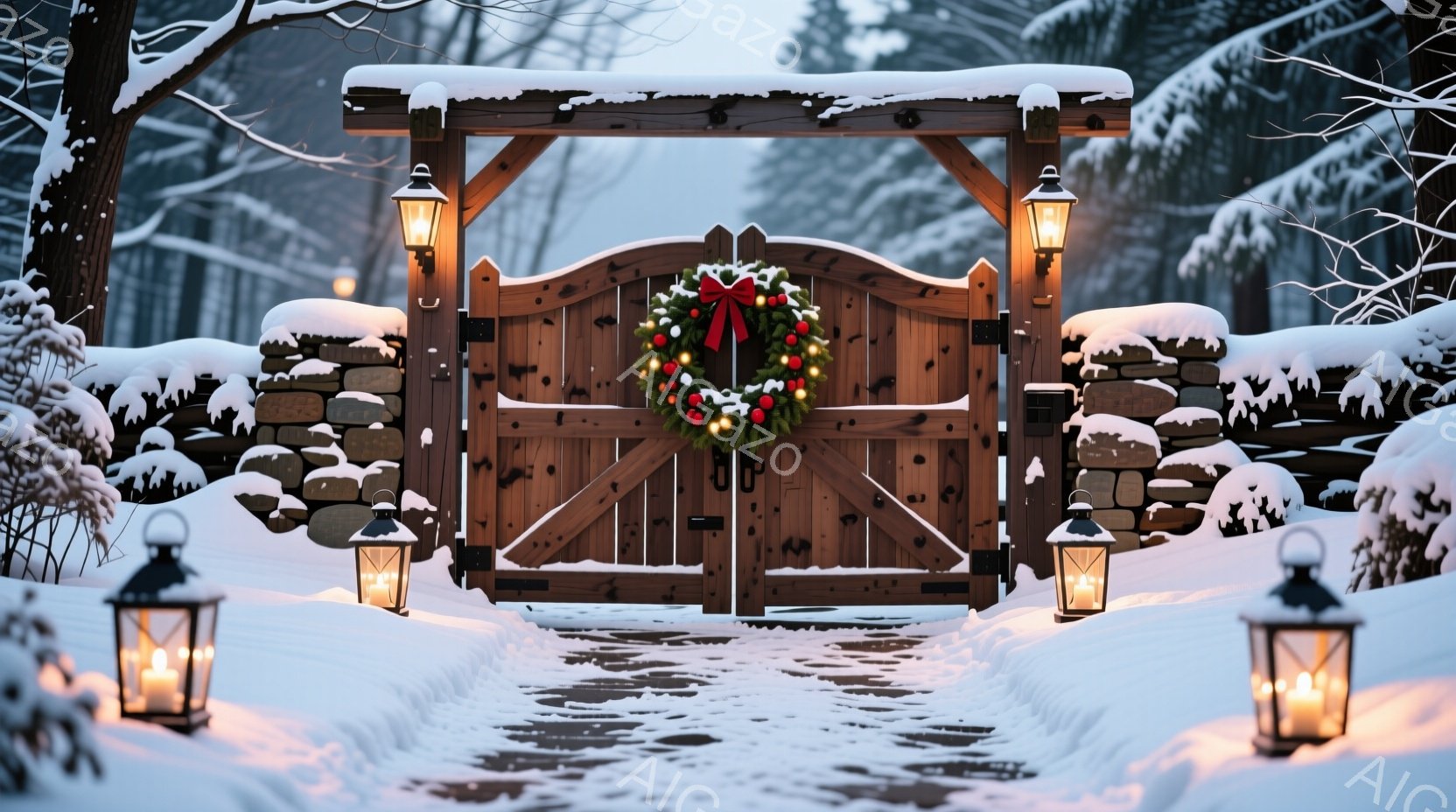 雪に覆われた木製の門が、クリスマスのリースで飾られ、温かい光を放つランタンが両側に並んでいます。門の周りは石造りの壁と雪景色で、冬の静寂とクリスマスの温かさを感じさせる穏やかな雰囲気です。雪の道が門へ - AI生成フリー素材