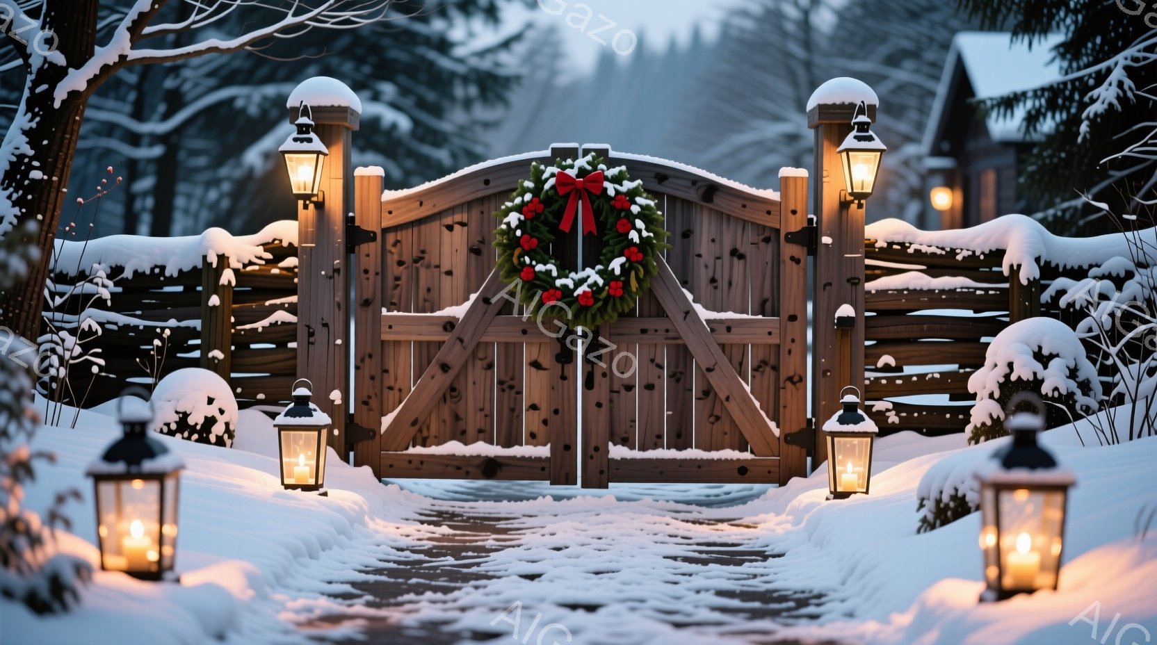 雪に覆われた静かな冬の風景が描かれています。木製の門にはクリスマスリースが飾られ、両脇には灯りが灯ったランタンが並んでいます。背景には雪化粧した木々と、遠くに見える家屋がぼんやりと見え、穏やかで幻想的 - AI生成フリー素材