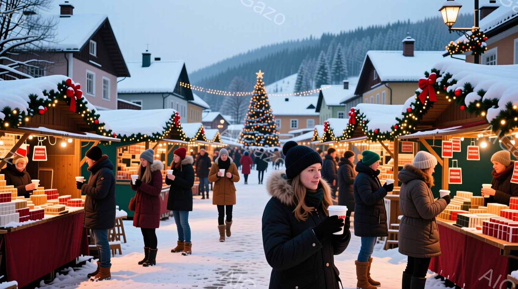 凍った湖面に沿って、クリスマスツリーのような飾り付けがされた木々と、灯りがともったランタンが並んでいる、夜の静かな光景です。湖面は鏡のように周囲の木々とランタンの光を反射し、幻想的な雰囲気を醸し出して - AI生成フリー素材