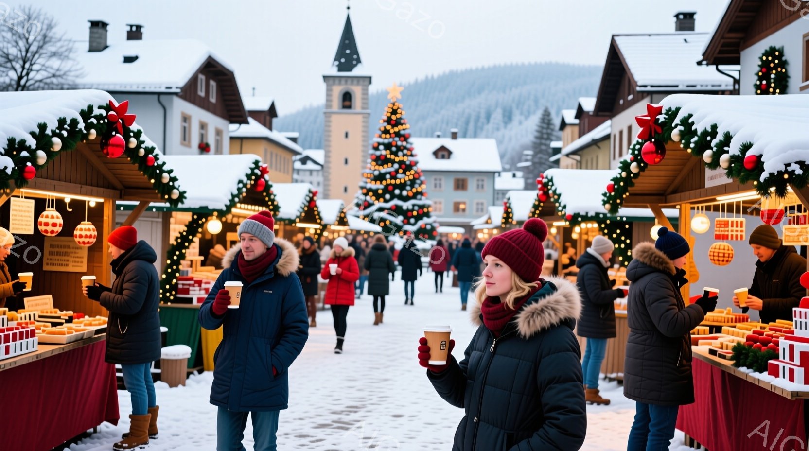 賑やかなクリスマスマーケットの様子で、雪景色の中に人々が暖かい服装で楽しんでいます。多くの人が紙コップに入った飲み物を手に持ち、赤いジャケットや青いコートを着た人々が目立ちます。背景には、雪を頂いた山 - AI生成フリー素材