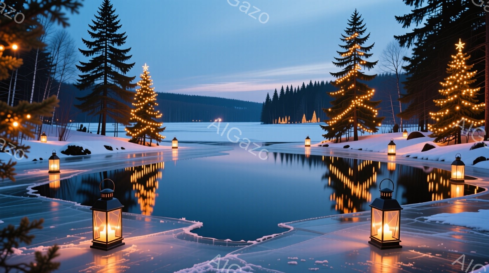 雪に覆われた湖畔に、クリスマスの飾り付けがされた木々とランタンが並んでいる美しい光景です。湖面は凍結し、ランタンの暖かい光が水面に反射して幻想的な雰囲気を醸し出しています。背景には、暗い緑色の針葉樹林 - AI生成フリー素材