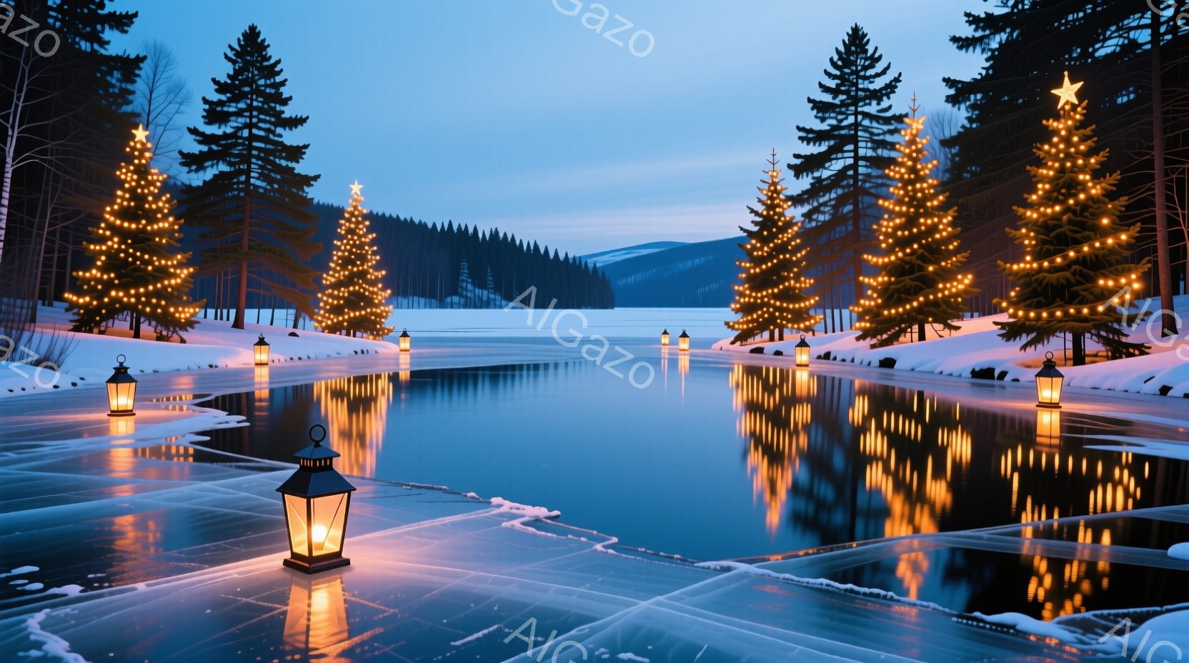 凍った湖のほとりに、クリスマスツリーが灯りを灯し、その光が水面に反射して幻想的な光景を作り出している。遠景には雪をまとった山々が連なり、静寂で寒々しい冬の風景が広がる。湖畔には、灯りをともしたランタンが並び、クリスマスの温かい雰囲気を醸し出している。