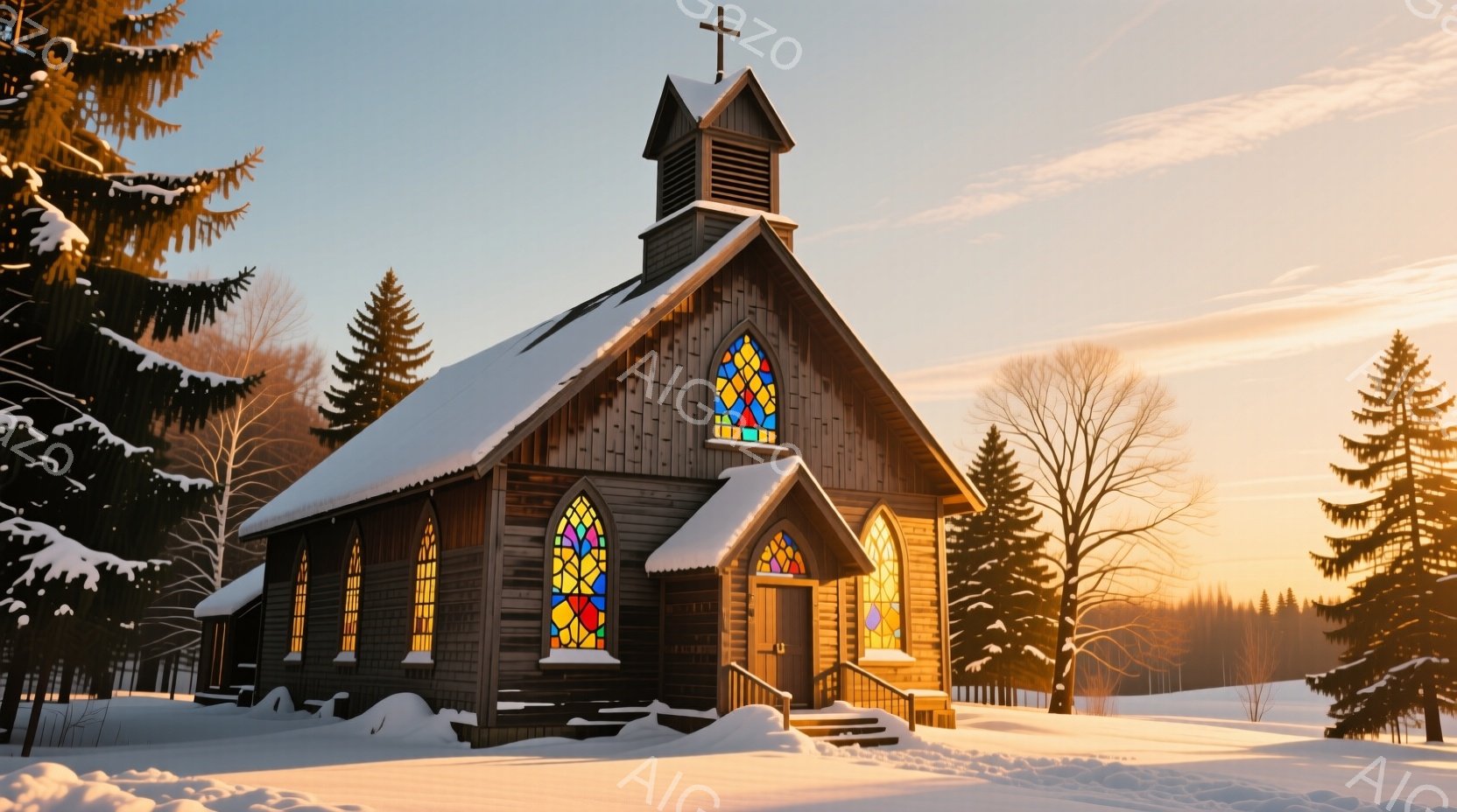 古びた木造の教会が雪景色の中に佇んでいます。ステンドグラスから差し込む光が、雪原を優しく照らし、厳寒の中にも暖かさを感じさせます。背景には針葉樹林が広がり、冬の静寂と神聖な雰囲気を醸し出しています。 - AI生成フリー素材