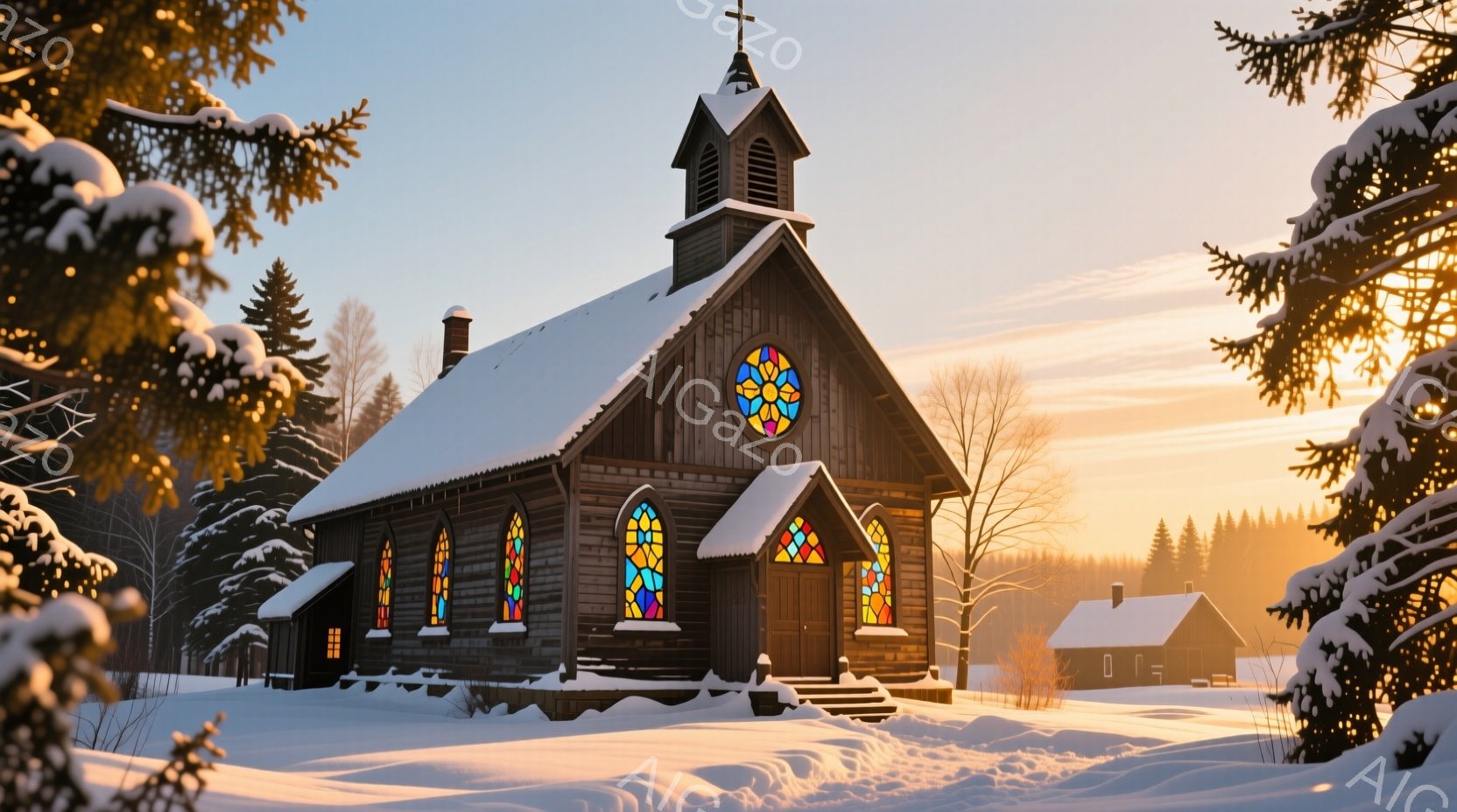 雪に覆われた木造の教会が、冬の風景の中に静かに佇んでいます。ステンドグラスから差し込む光が暖かく、教会の暗い木の色と鮮やかなコントラストを描いています。背景には、雪に覆われた木々と遠くに見える小屋があ - AI生成フリー素材