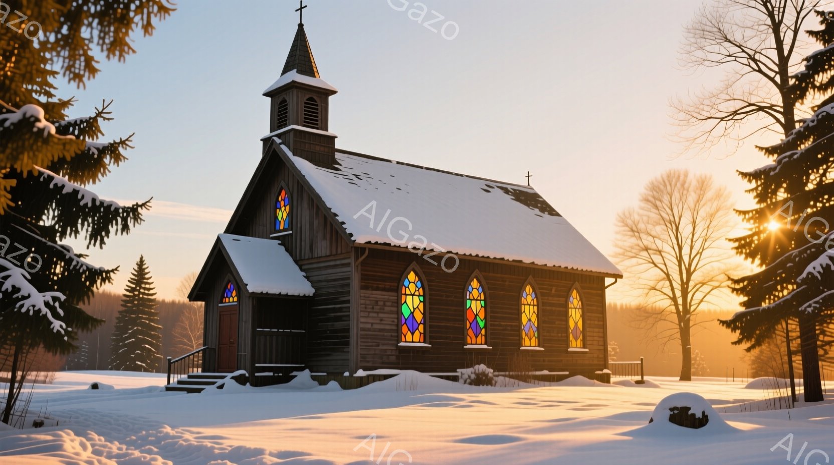 雪に覆われた木造の教会が、夕暮れの光に照らされています。ステンドグラスから差し込む光が、雪原に鮮やかな色彩を添え、静寂で厳かな雰囲気を醸し出しています。背景には針葉樹林が広がり、冬の寒さとともに、穏やかで幻想的な光景が広がっています。