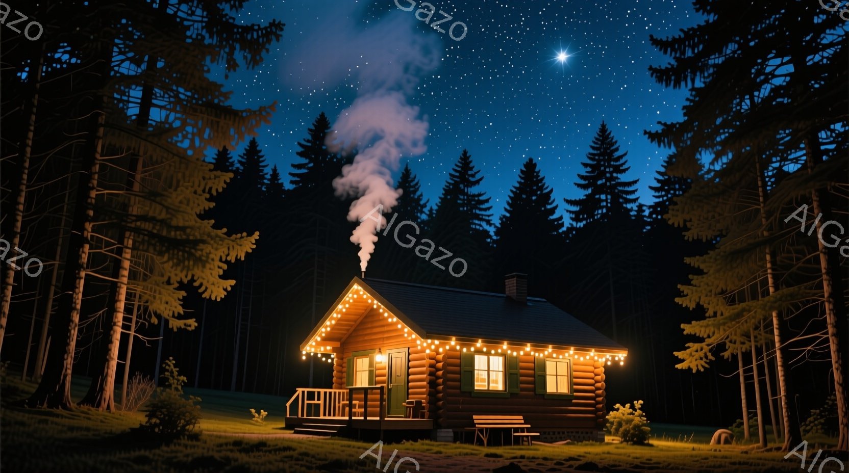 深い森の中に木造のキャビンが佇み、暖かな光が窓から漏れています。キャビンの周りには松の木々が生い茂り、煙突からは白い煙が立ち上り、冬の夜の静けさと温かさを感じさせます。星空が広がり、キャビン全体を幻想的な雰囲気に包んでいます。